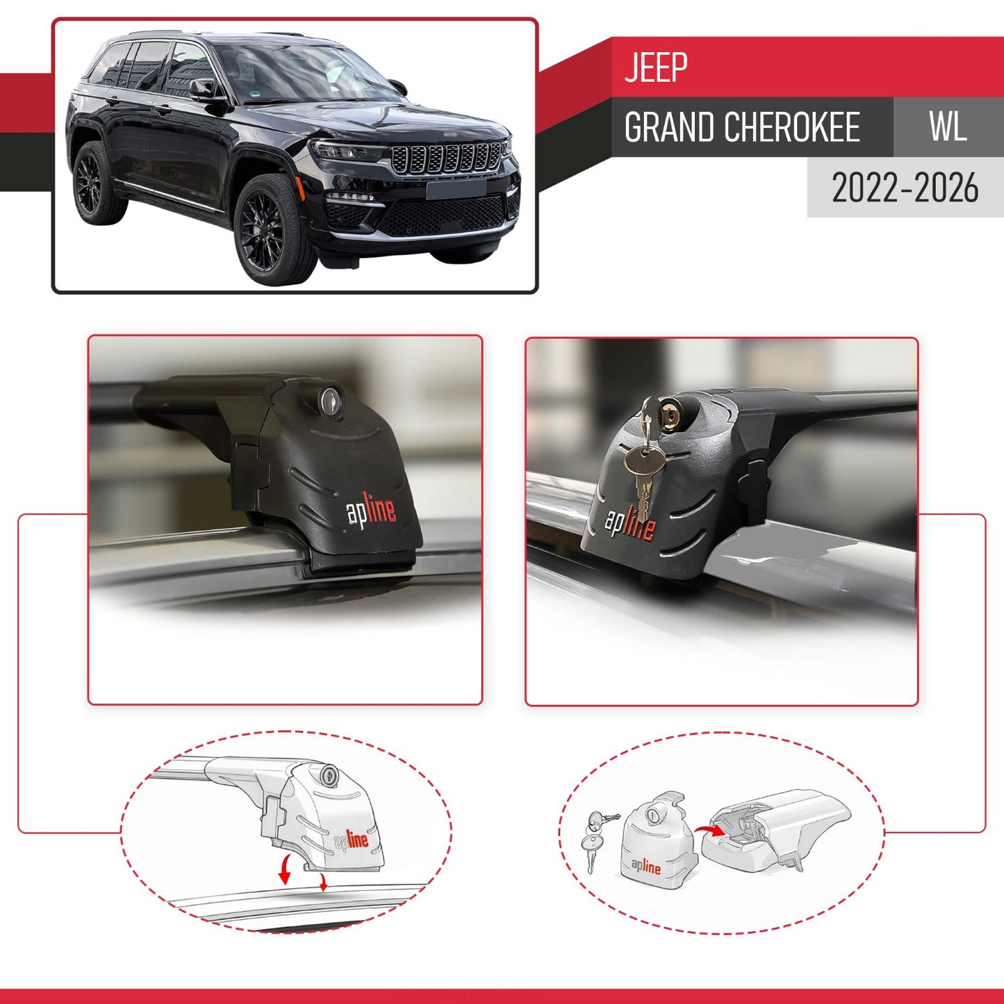 Compatible with Jeep Grand Cherokee 2022-2024 ACE-2 Car Roof Rack Cross Bar Black Aluminium 2 Bars