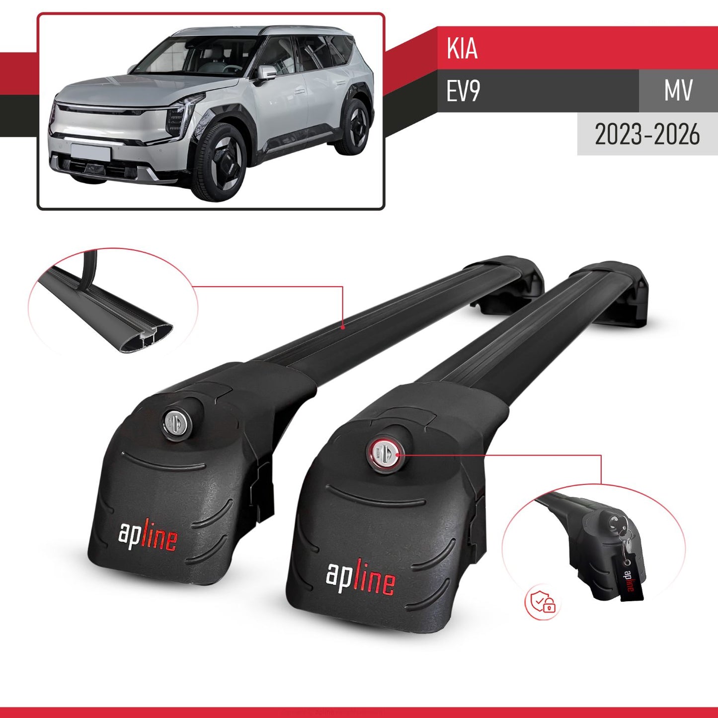 Compatible avec Kia EV9 (MV) 2023-2026 ACE-2 modèle Barres de Toit Railing Porte-Bagages de Voiture Noir Aluminium Barres