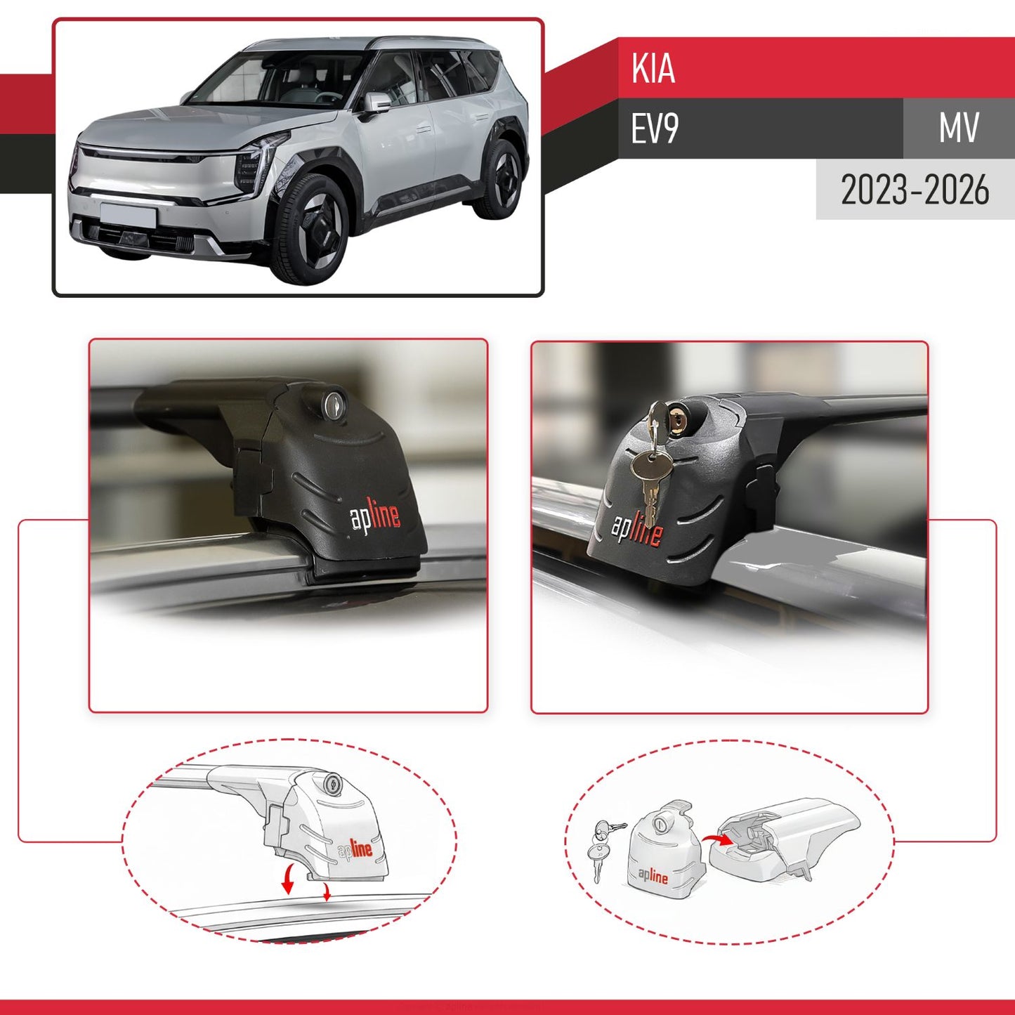 Compatible avec Kia EV9 (MV) 2023-2026 ACE-2 modèle Barres de Toit Railing Porte-Bagages de Voiture Noir Aluminium Barres