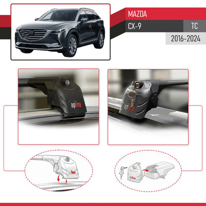 Compatible with Mazda CX-9 2016-2023 ACE-2 Car Roof Rack Cross Bar Black Aluminium 2 Bars