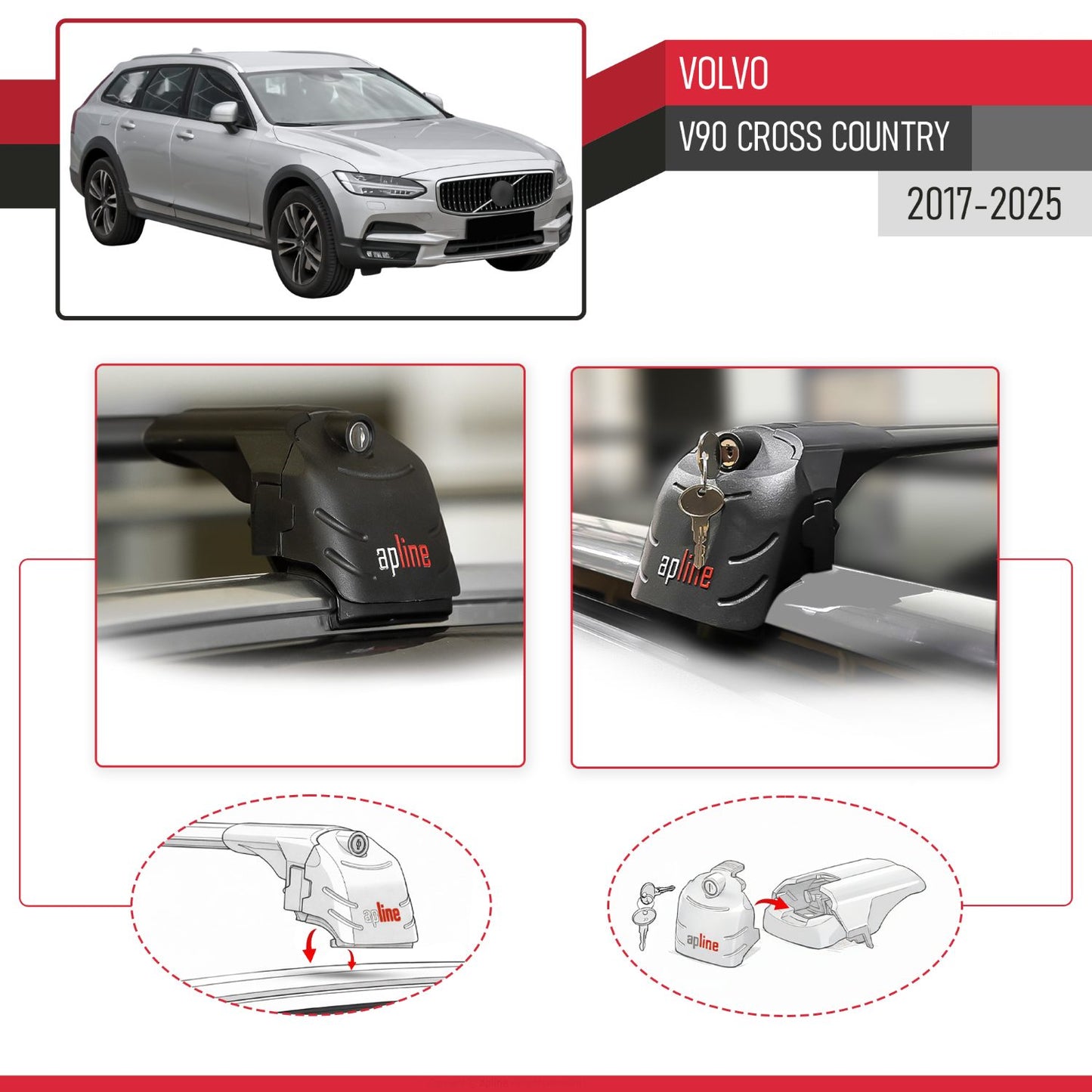 Compatible avec Volvo V90 Cross Country 2017-2025 ACE-2 modèle Barres de Toit Railing Porte-Bagages de Voiture Noir Aluminium Barres