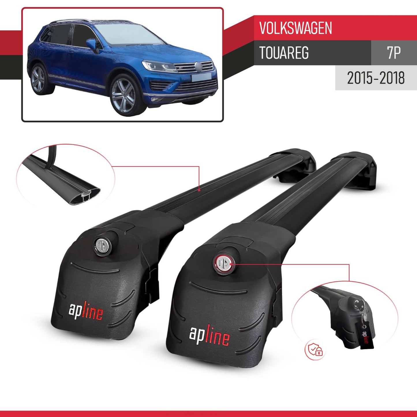 Compatible with VW Touareg 2015-2018 ACE-2 Car Roof Rack Cross Bar Black Aluminium 2 Bars