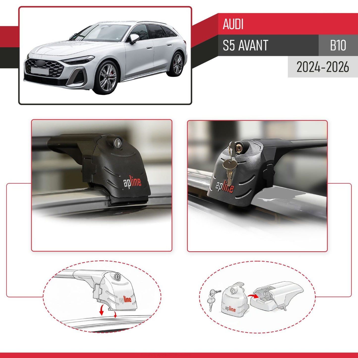Compatible avec Audi S5 Avant (B10) 2024-2026 ACE-2 modèle Barres de Toit Railing Porte-Bagages de Voiture Noir Aluminium Barres