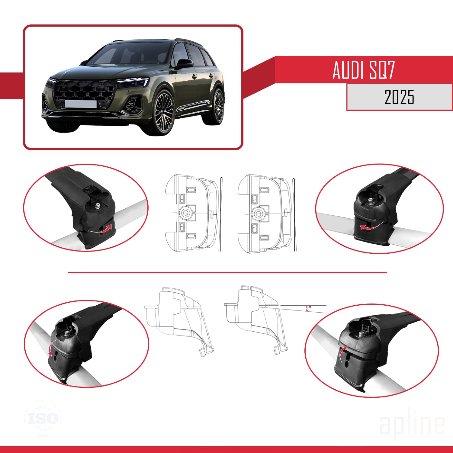 Compatible avec Audi SQ7 2024-2025 ACE-2 Barres de Toit Railing Porte-Bagages de Voiture Noir Aluminium 2 Barres