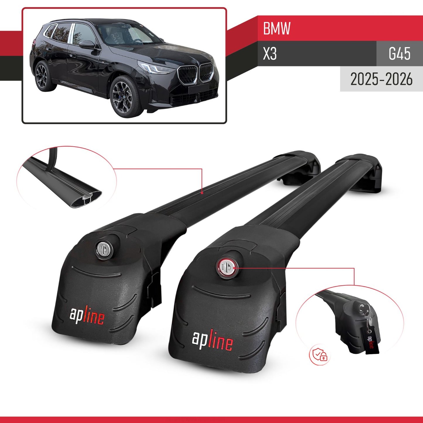 Compatible avec BMW X3 (G45) 2025-2026 ACE-2 modèle Barres de Toit Railing Porte-Bagages de Voiture Noir Aluminium Barres