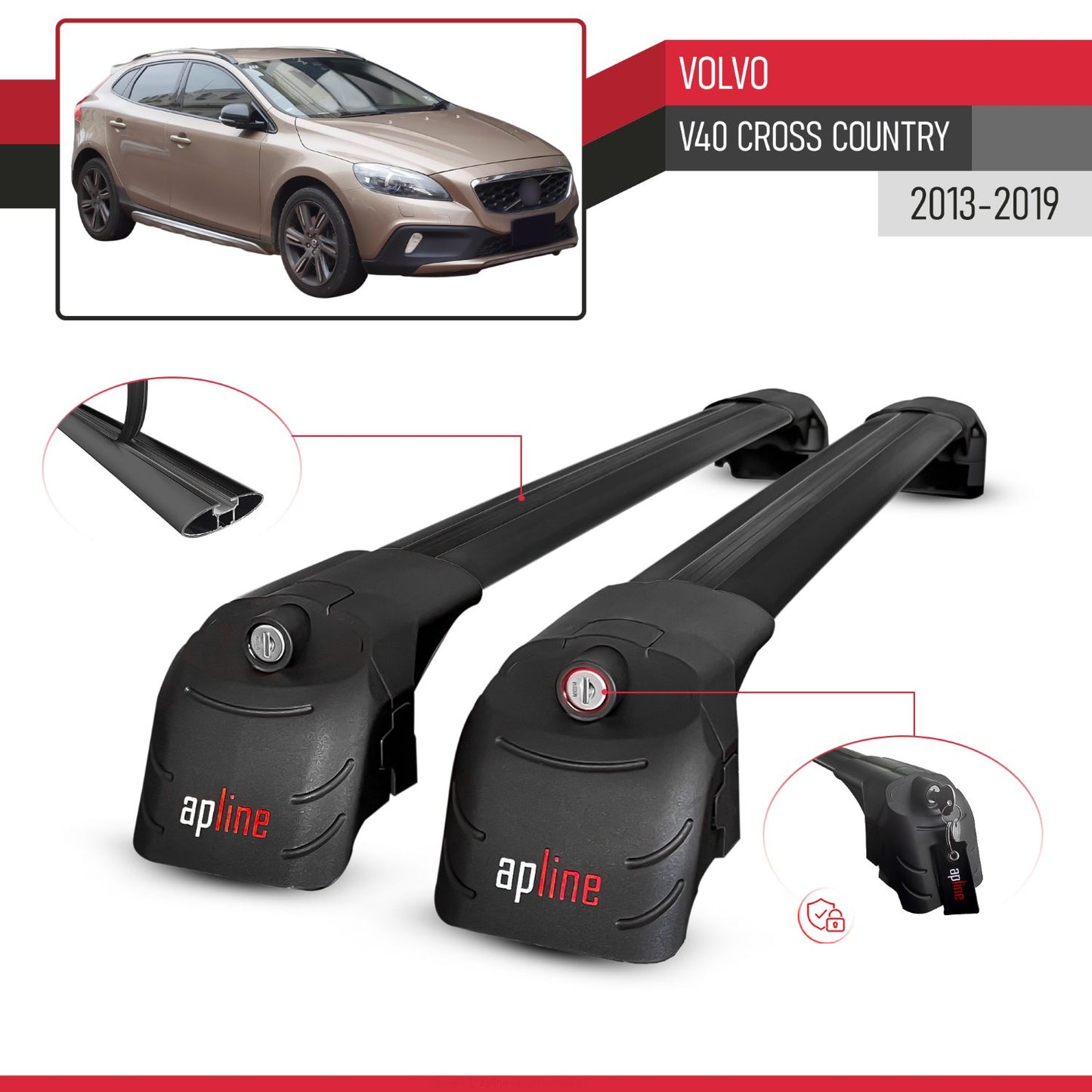 Compatible avec Volvo V40 Cross Country 2013-2019 ACE-2 modèle Barres de Toit Railing Porte-Bagages de Voiture Noir Aluminium Barres