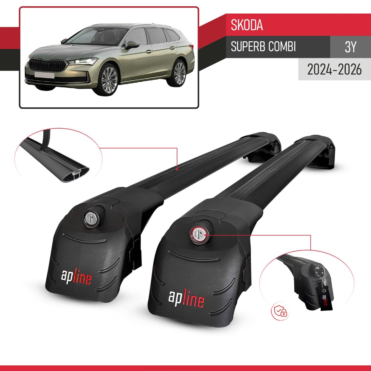 Compatible with Skoda Superb Combi 2024-2025 ACE-2 Car Roof Rack Cross Bar Black Aluminium 2 Bars