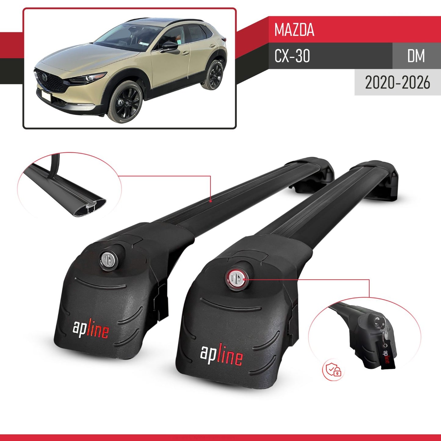 Compatible with Mazda CX-30 2020-2025 ACE-2 Car Roof Rack Cross Bar Black Aluminium 2 Bars