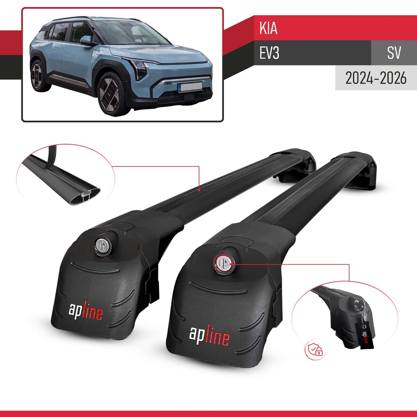 Compatible avec Kia EV3 (SV) 2024-2026 ACE-2 modèle Barres de Toit Railing Porte-Bagages de Voiture Noir Aluminium Barres