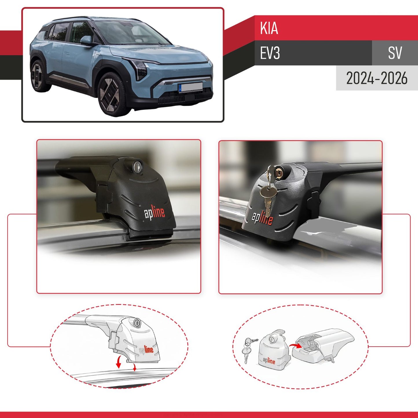 Compatible avec Kia EV3 (SV) 2024-2026 ACE-2 modèle Barres de Toit Railing Porte-Bagages de Voiture Noir Aluminium Barres