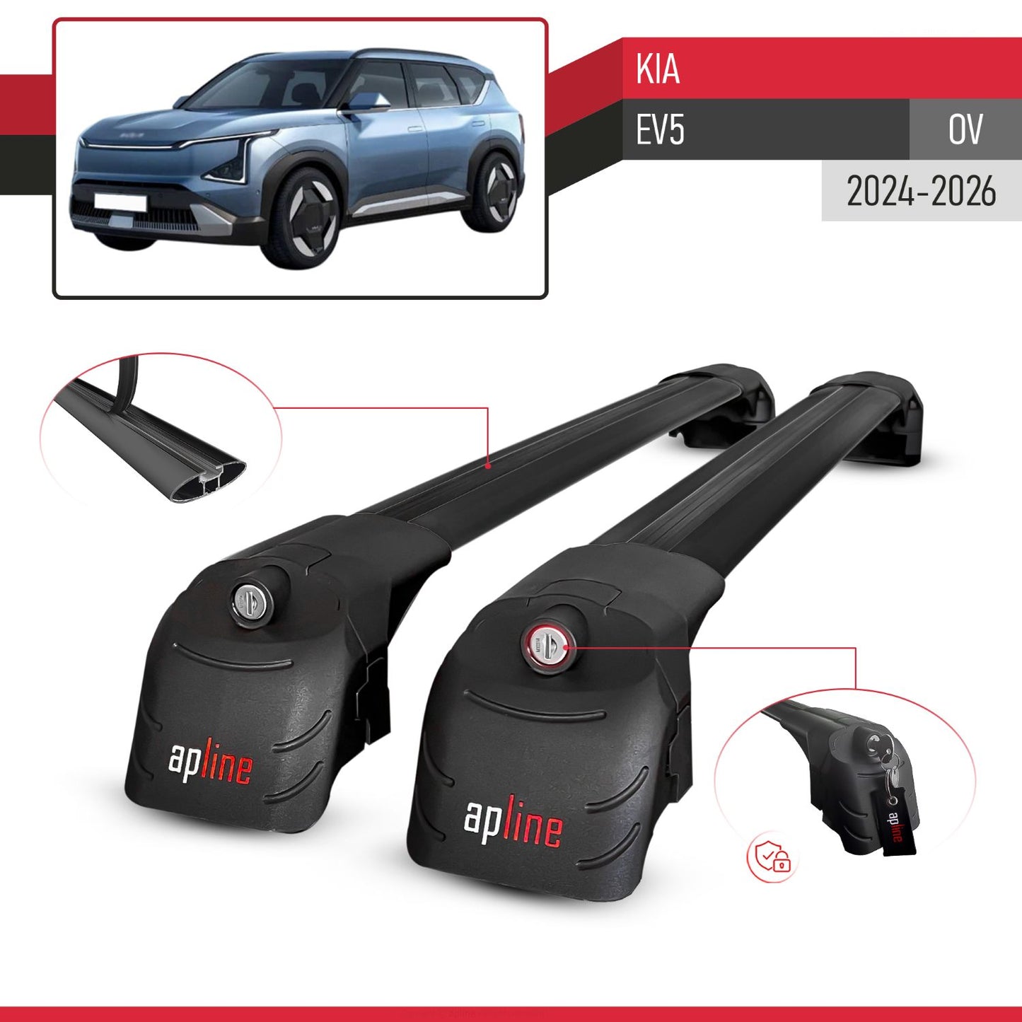Compatible with Kia EV5 2024-2025 ACE-2 Car Roof Rack Cross Bar Black Aluminium 2 Bars