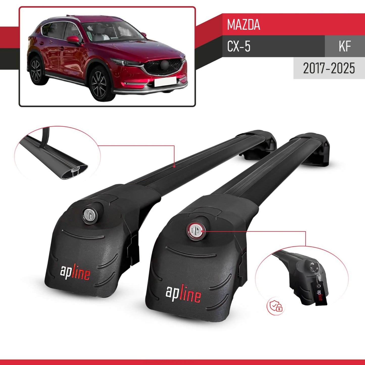 Compatible avec Mazda CX-5 (KF) 2017-2025 ACE-2 modèle Barres de Toit Railing Porte-Bagages de Voiture Noir Aluminium Barres