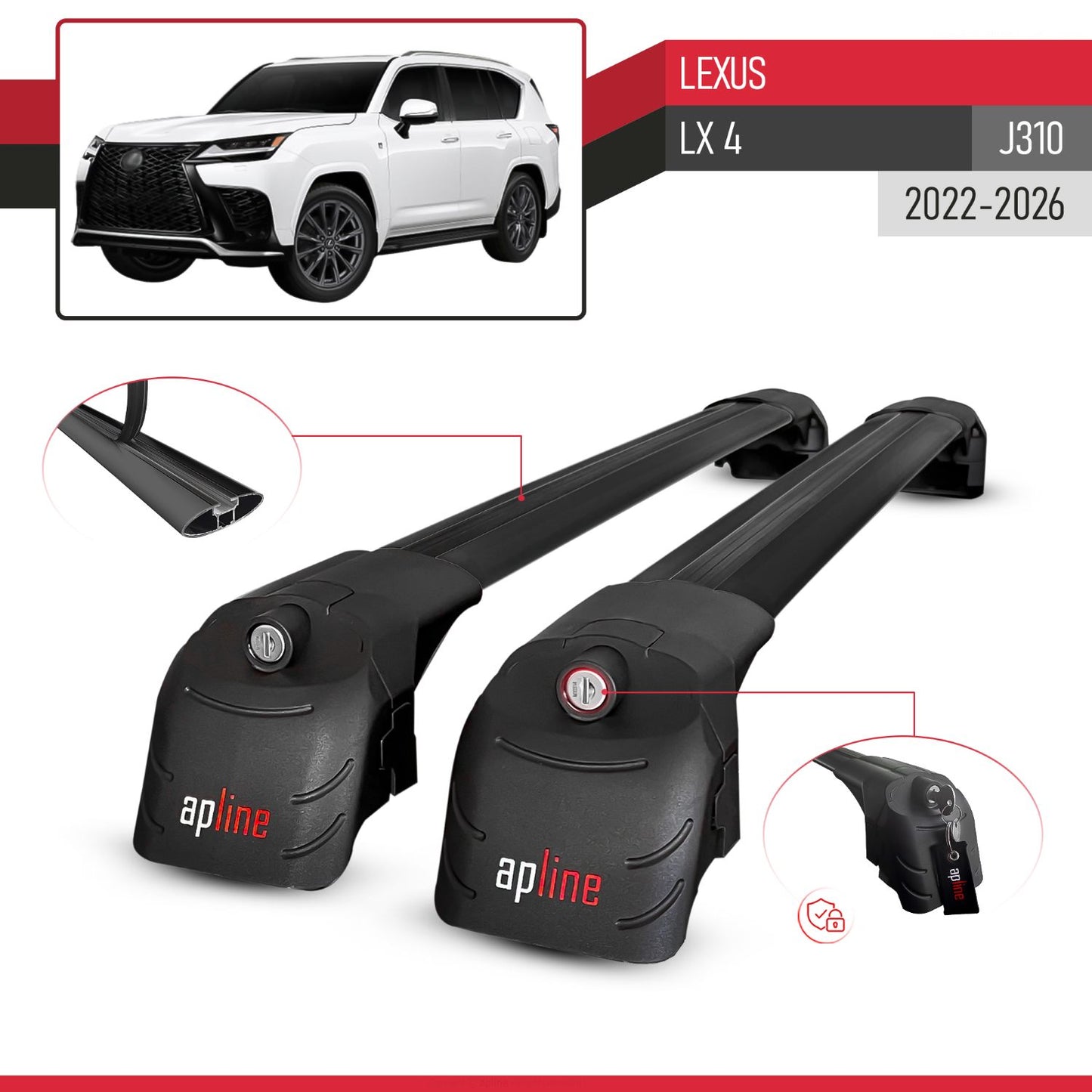 Compatible avec Lexus LX 4 (J310) 2022-2026 ACE-2 modèle Barres de Toit Railing Porte-Bagages de Voiture Noir Aluminium Barres