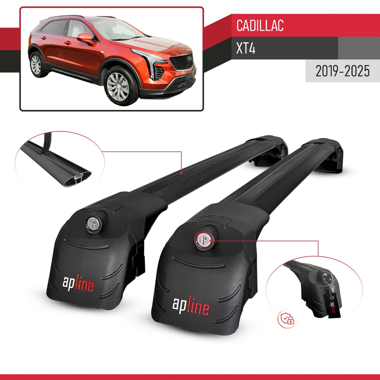 Compatible with Cadillac XT4 2019-2025 ACE-2 Car Roof Rack Cross Bar Black Aluminium 2 Bars