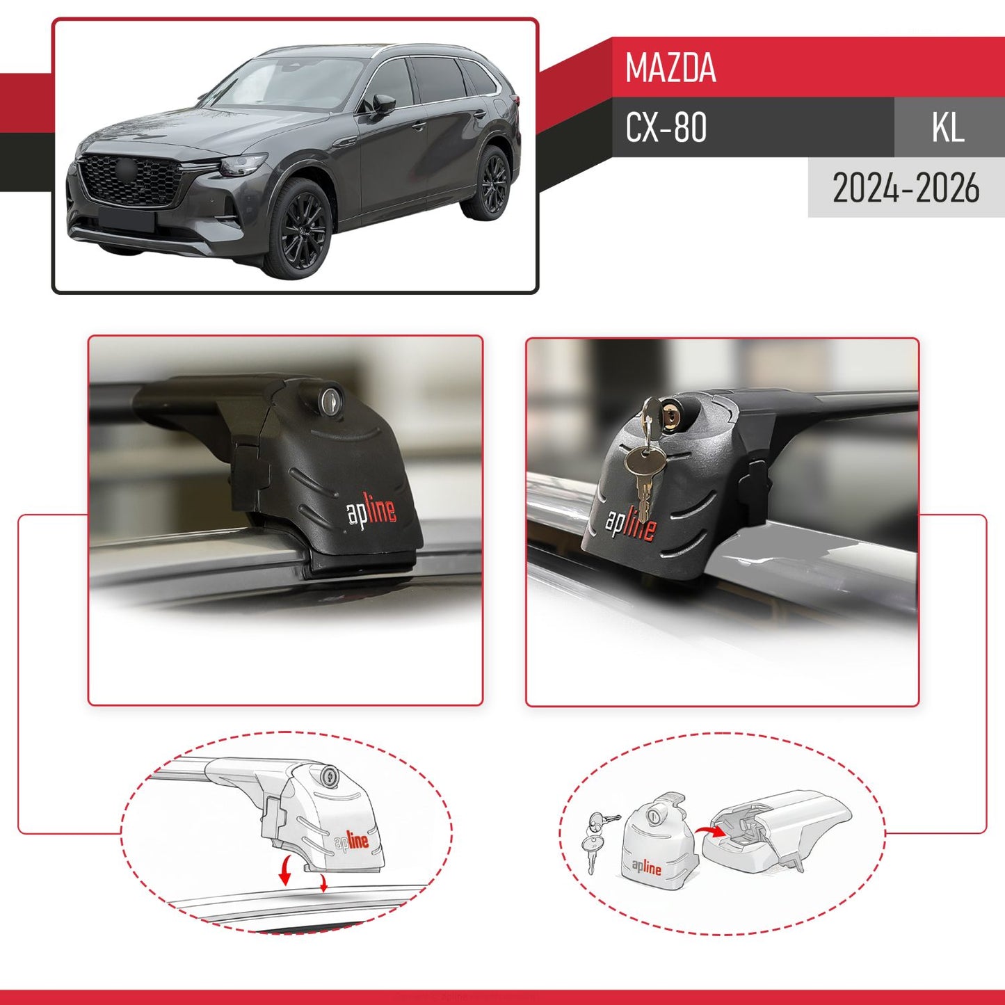 Compatible with Mazda CX-80 2024-2025 ACE-2 Car Roof Rack Cross Bar Black Aluminium 2 Bars