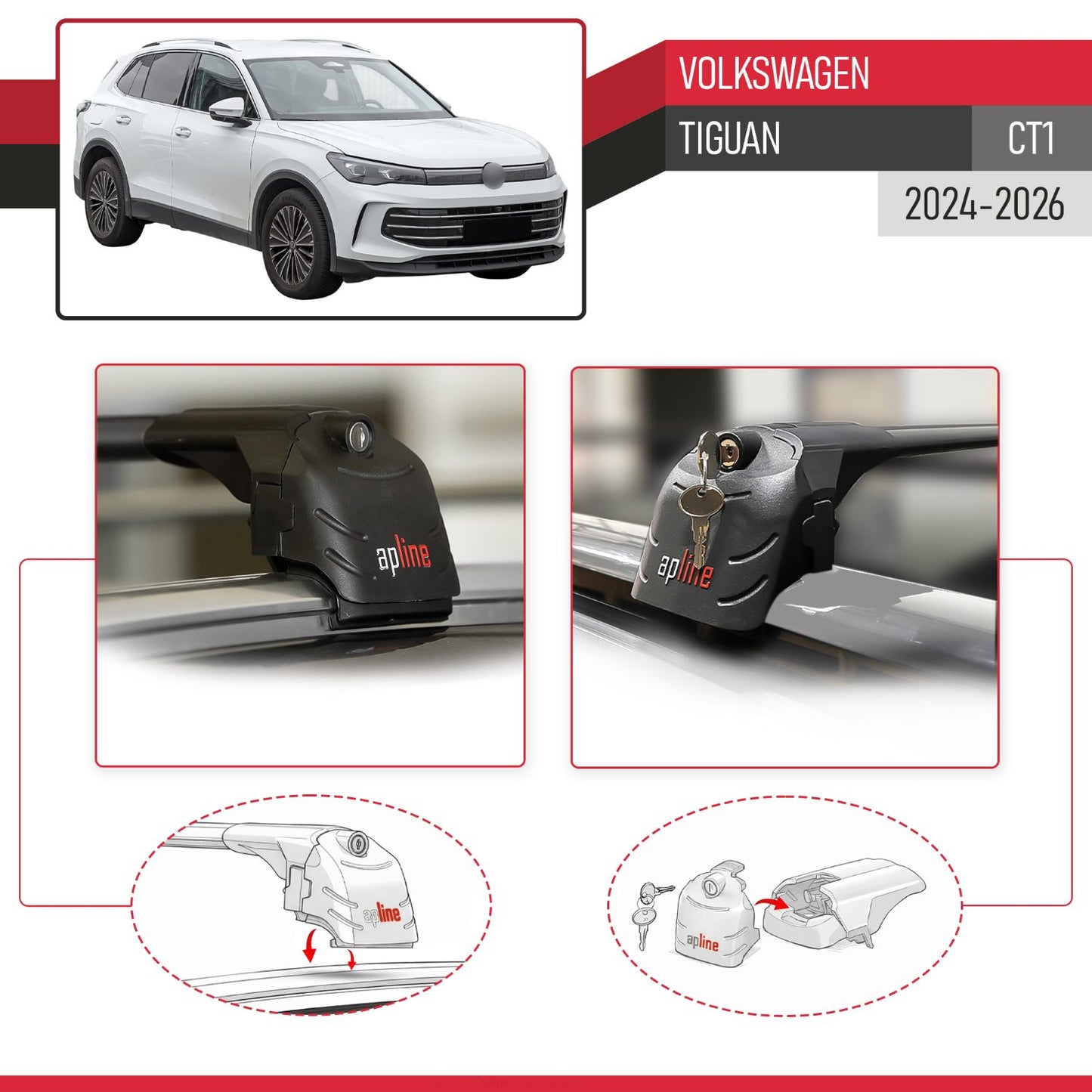 Compatible avec Volkswagen Tiguan (CT1) 2024-2026 ACE-2 modèle Barres de Toit Railing Porte-Bagages de Voiture Noir Aluminium Barres