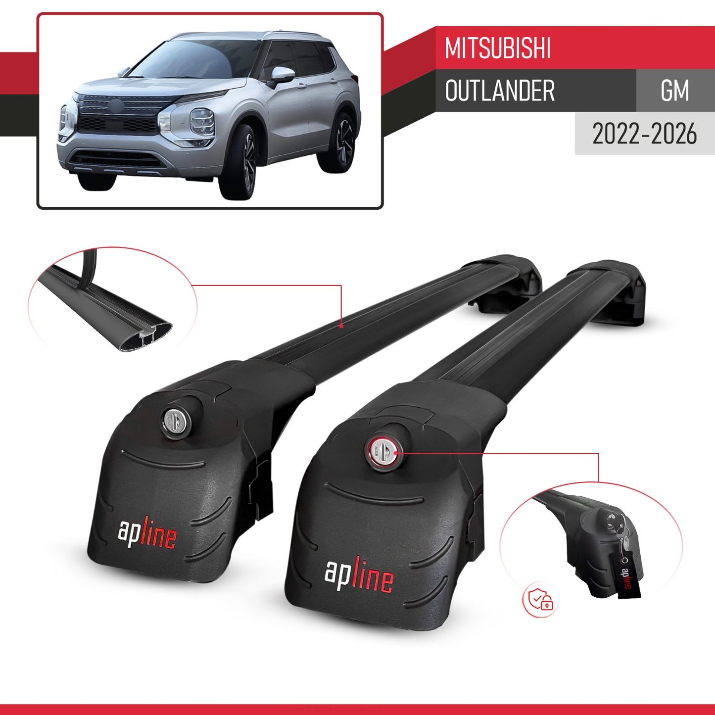 Compatible avec Mitsubishi Outlander (GM) 2022-2026 ACE-2 modèle Barres de Toit Railing Porte-Bagages de Voiture Noir Aluminium Barres