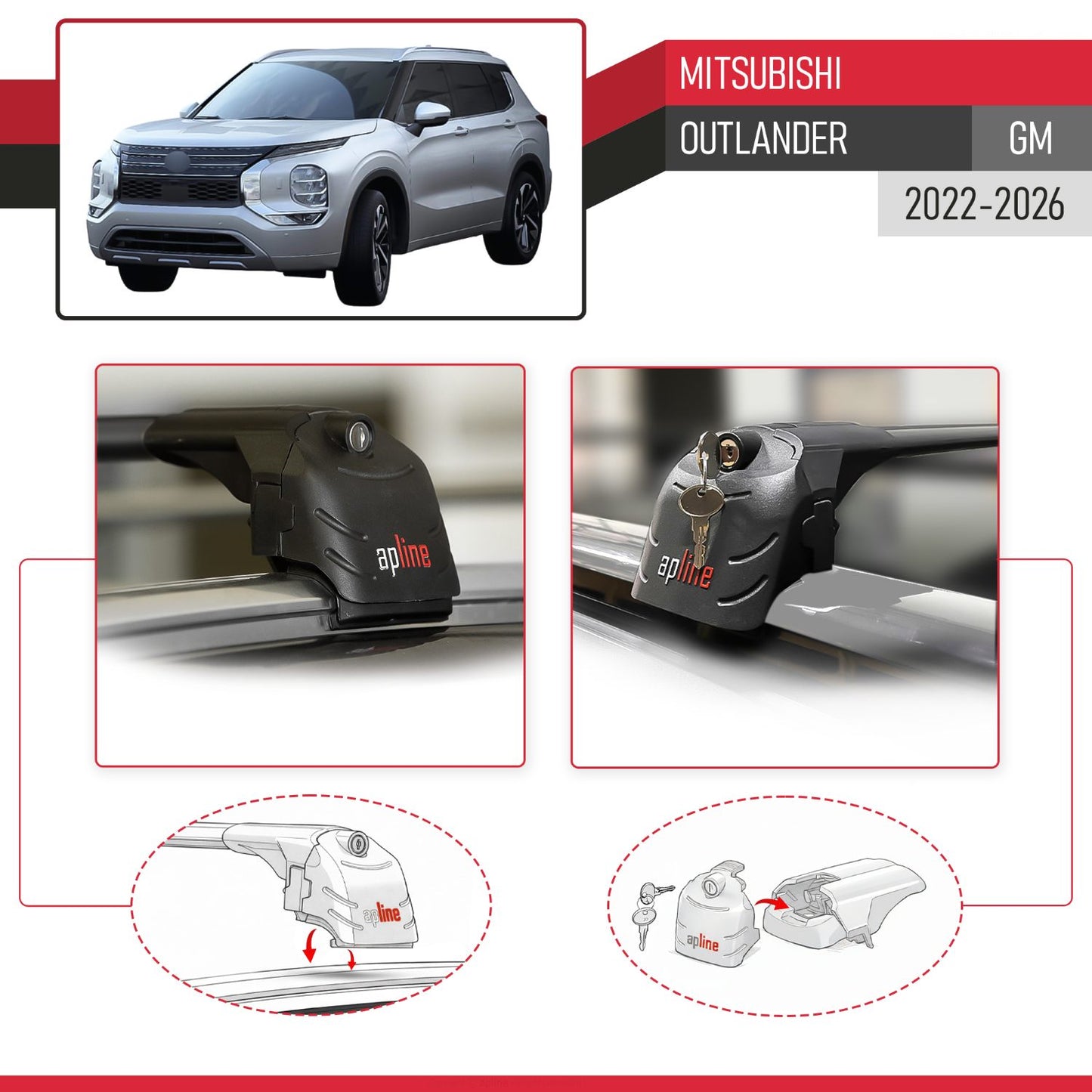 Compatible avec Mitsubishi Outlander (GM) 2022-2026 ACE-2 modèle Barres de Toit Railing Porte-Bagages de Voiture Noir Aluminium Barres