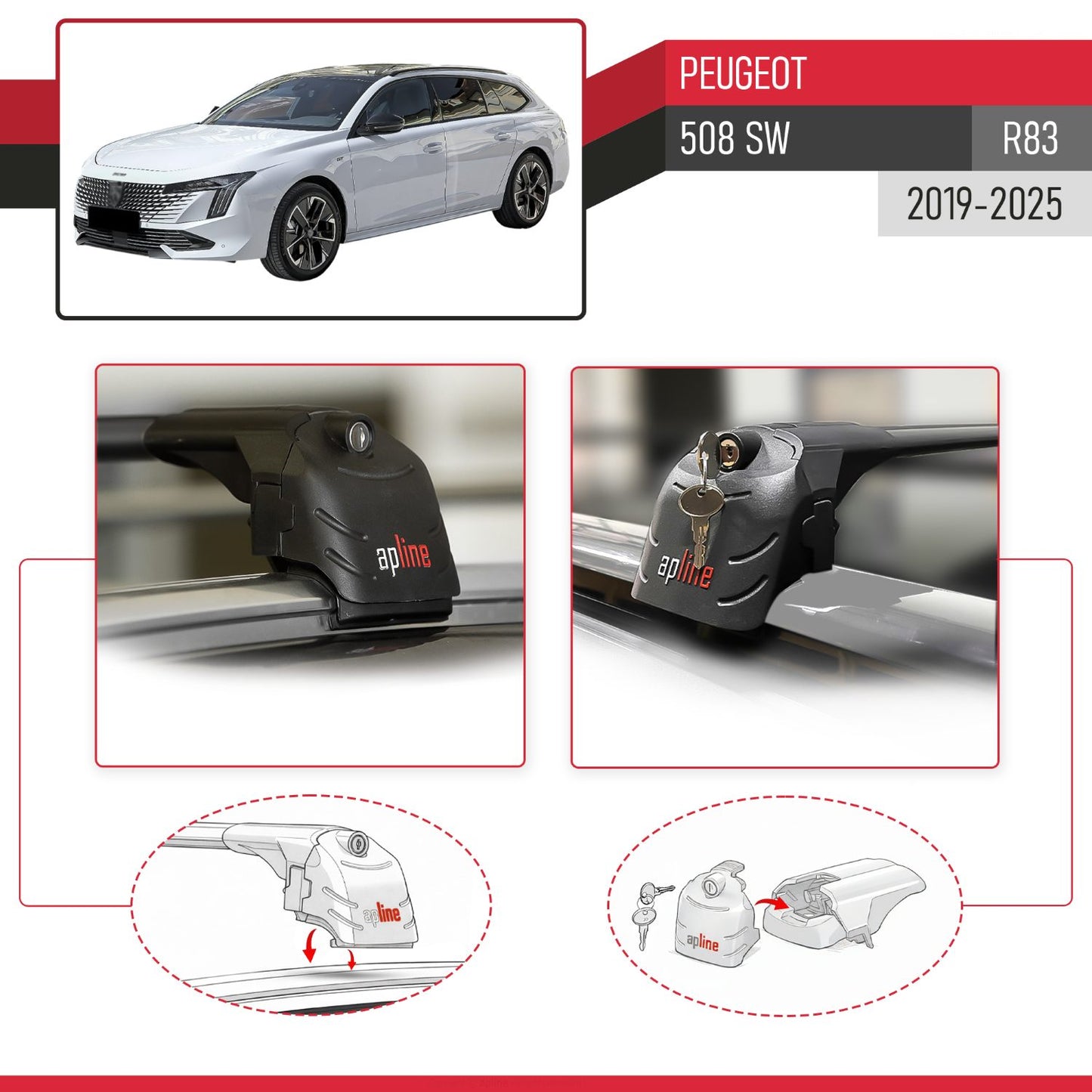 Compatible avec Peugeot 508 SW (R83) 2019-2025 ACE-2 modèle Barres de Toit Railing Porte-Bagages de Voiture Noir Aluminium Barres