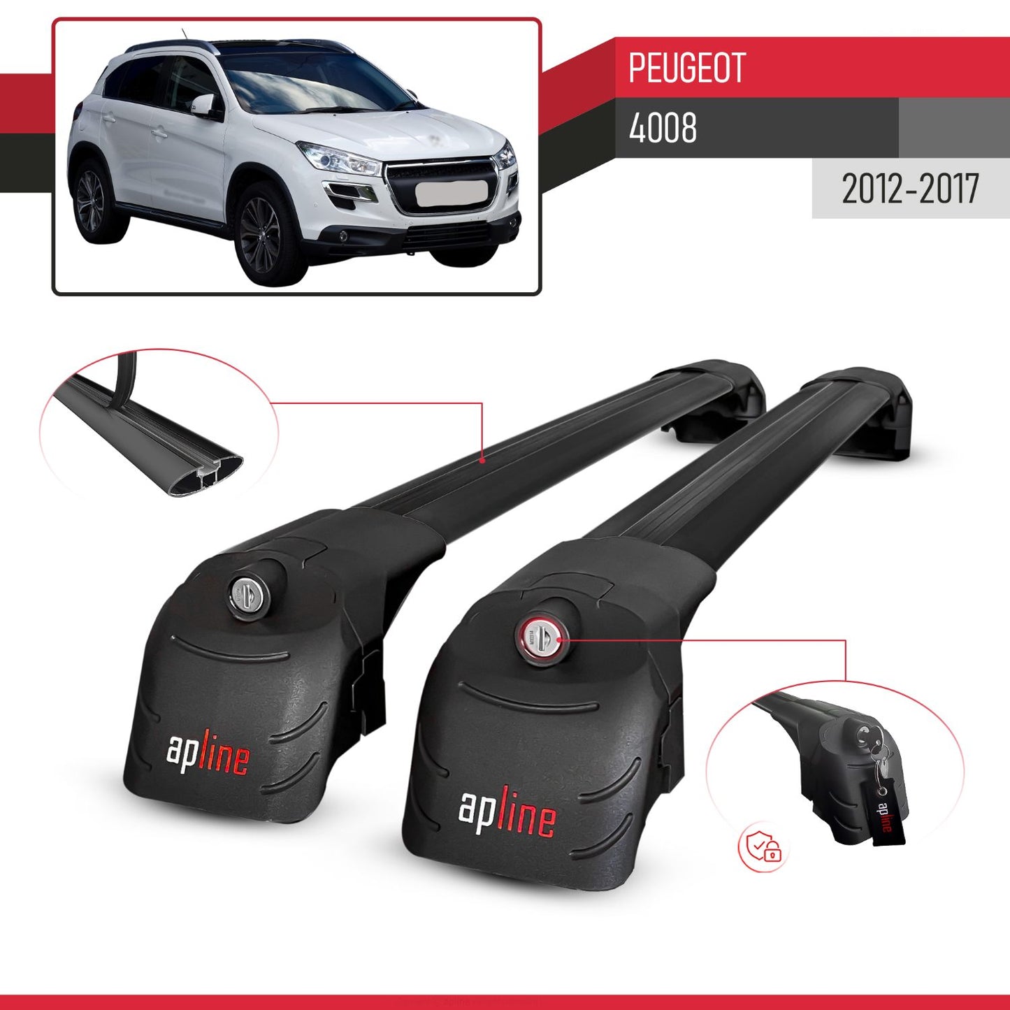 Compatible with Peugeot 4008 2012-2017 ACE-2 Car Roof Rack Cross Bar Black Aluminium 2 Bars