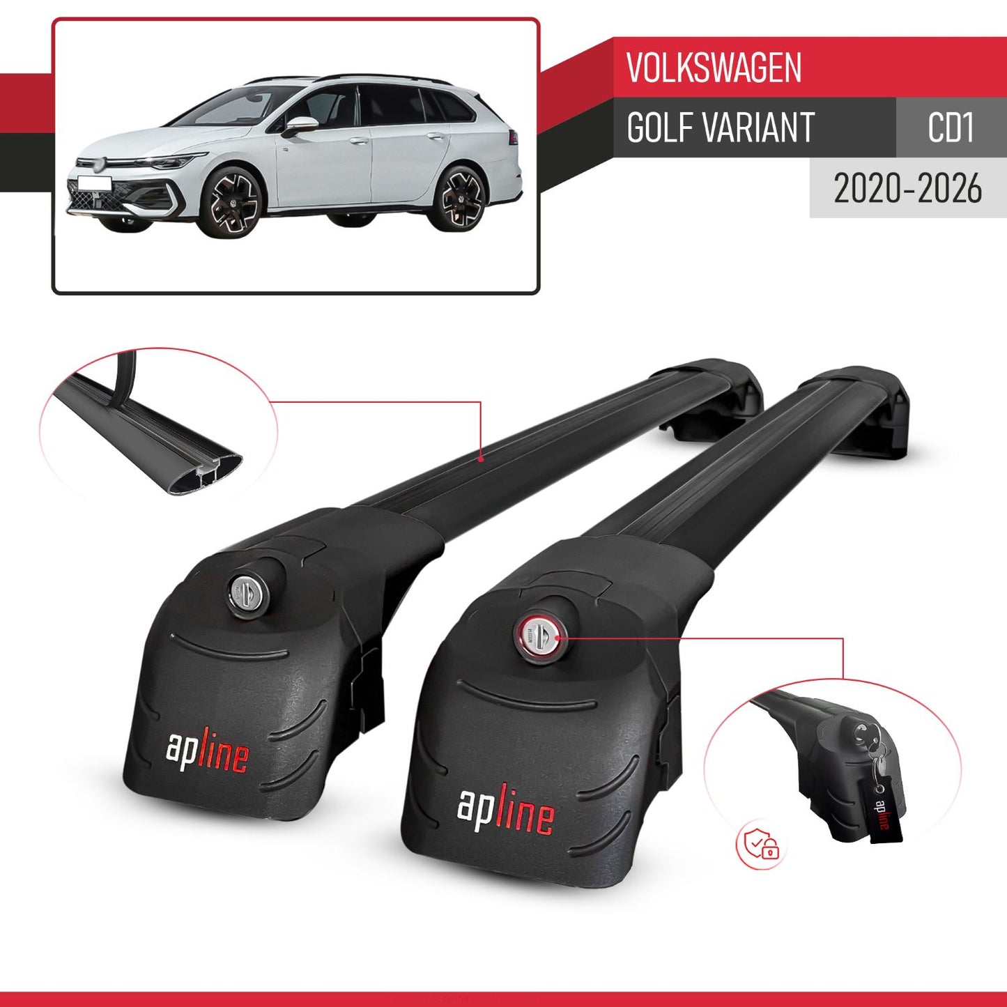 Compatible with Volkswagen Golf Variant 2024-2025 ACE-2 Car Roof Rack Cross Bar Black Aluminium 2 Bars