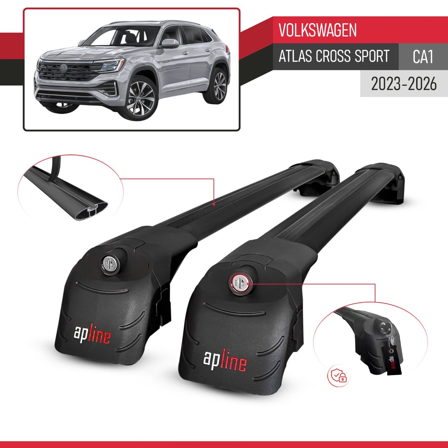 Compatible avec Volkswagen Atlas Cross Sport (CA1) 2023-2026 ACE-2 modèle Barres de Toit Railing Porte-Bagages de Voiture Noir Aluminium Barres