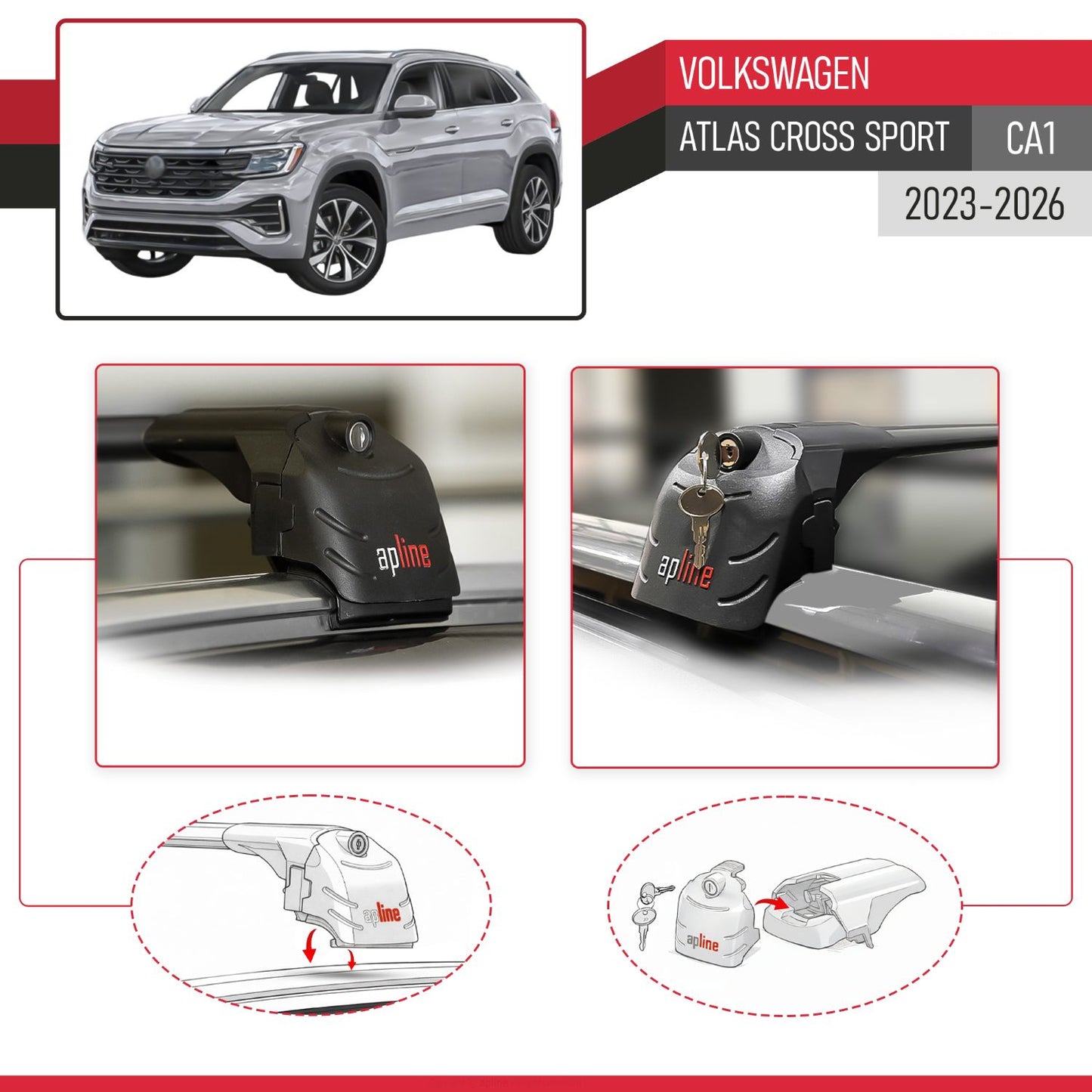 Compatible avec Volkswagen Atlas Cross Sport (CA1) 2023-2026 ACE-2 modèle Barres de Toit Railing Porte-Bagages de Voiture Noir Aluminium Barres