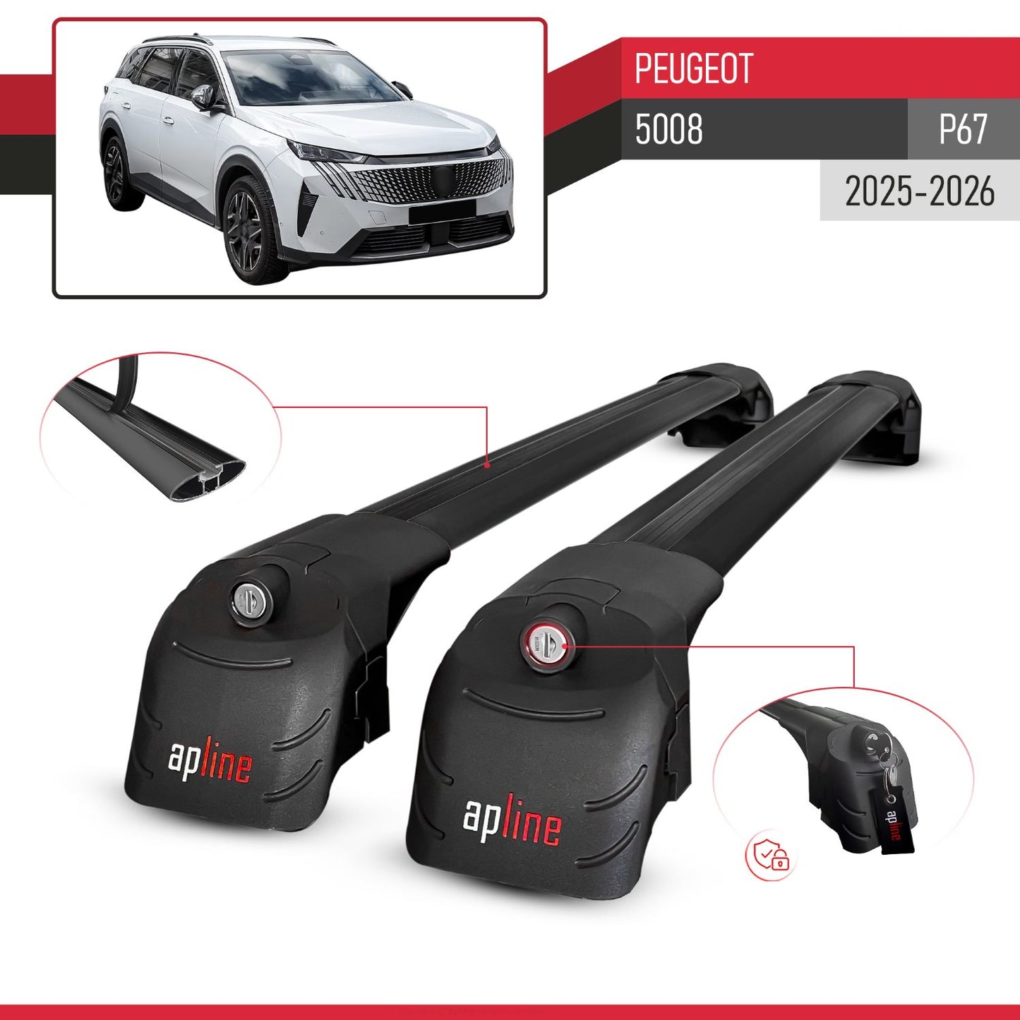 Compatible avec Peugeot 5008 (P67) 2025-2026 ACE-2 modèle Barres de Toit Railing Porte-Bagages de Voiture Noir Aluminium Barres