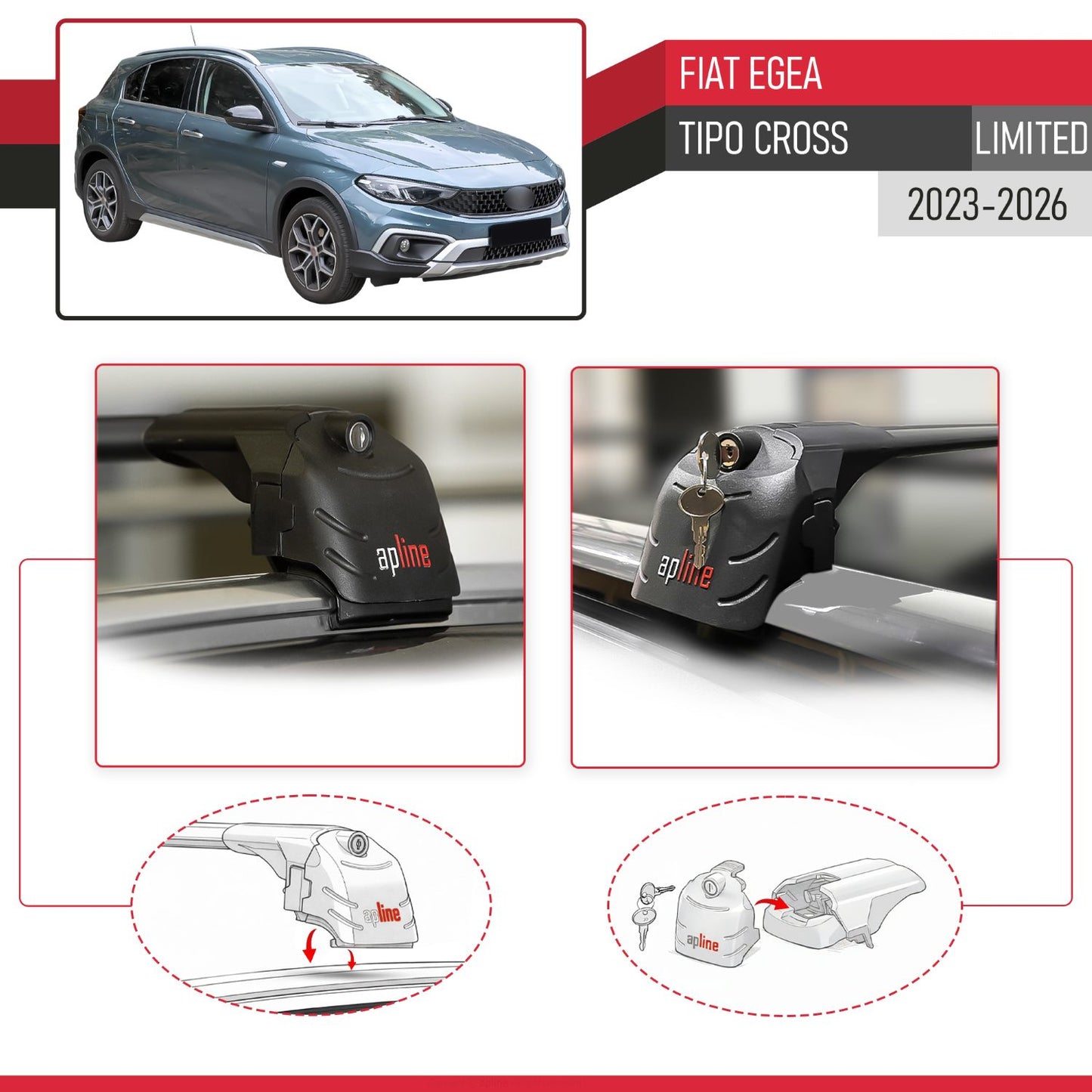Compatible with Fiat Egea / Tipo Cross (LIMITED) 2023-2025 ACE-2 Car Roof Rack Cross Bar Black Aluminium 2 Bars