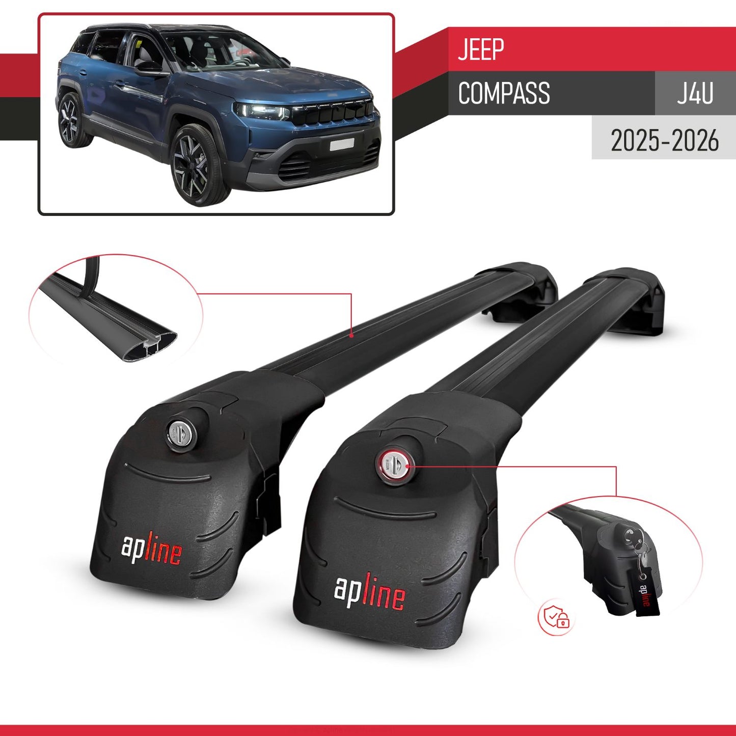 Compatible with Jeep Compass J4U 2025-2026 ACE-2 Car Roof Rack Cross Bar Black Aluminium 2 Bars