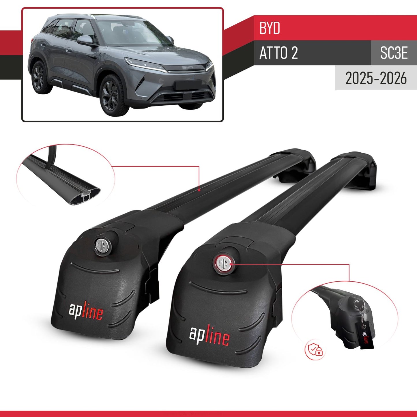 Compatible with BYD Atto 2 2025-2026 ACE-2 Car Roof Rack Cross Bar Black Aluminium 2 Bars