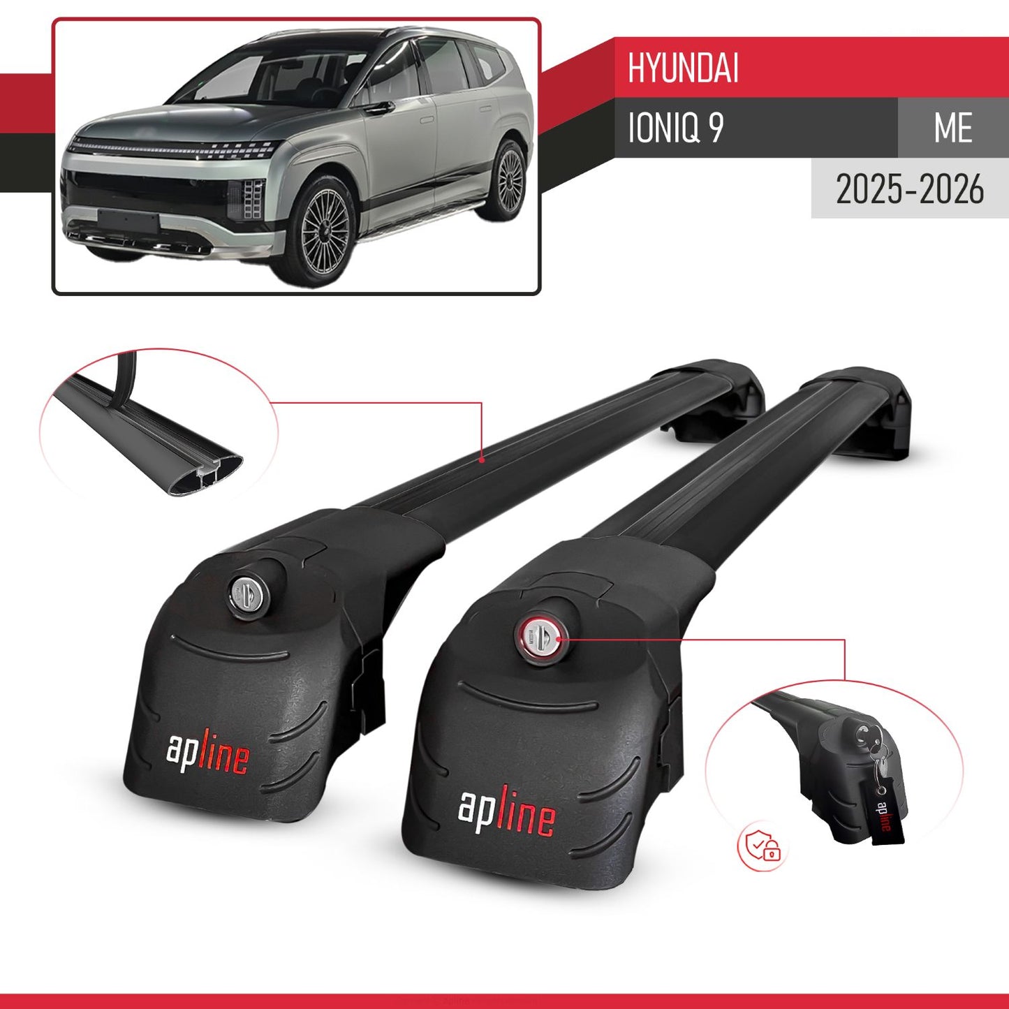Compatible avec Hyundai Ioniq 9 (ME) 2025-2026 ACE-2 modèle Barres de Toit Railing Porte-Bagages de Voiture Noir Aluminium Barres
