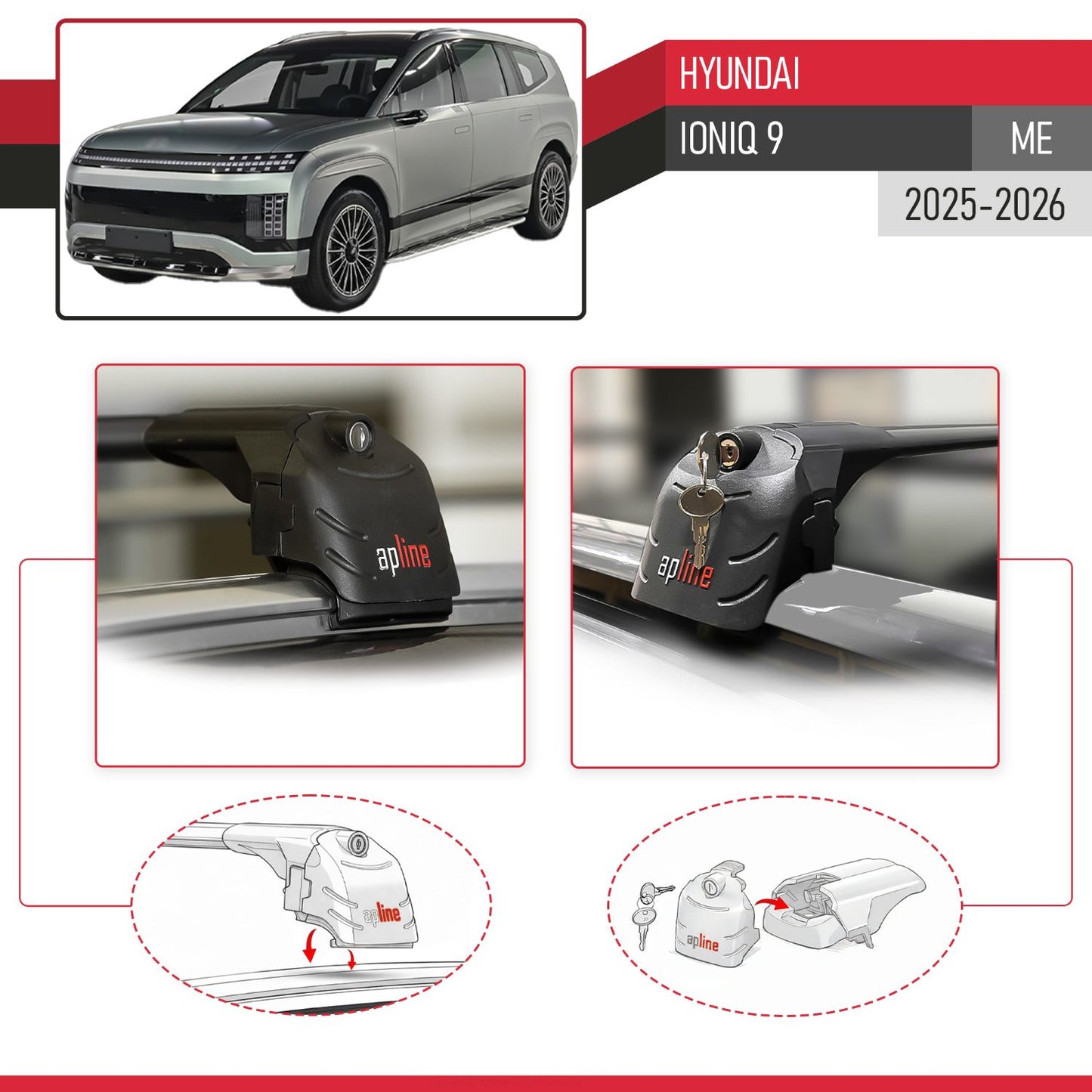 Compatible avec Hyundai Ioniq 9 (ME) 2025-2026 ACE-2 modèle Barres de Toit Railing Porte-Bagages de Voiture Noir Aluminium Barres