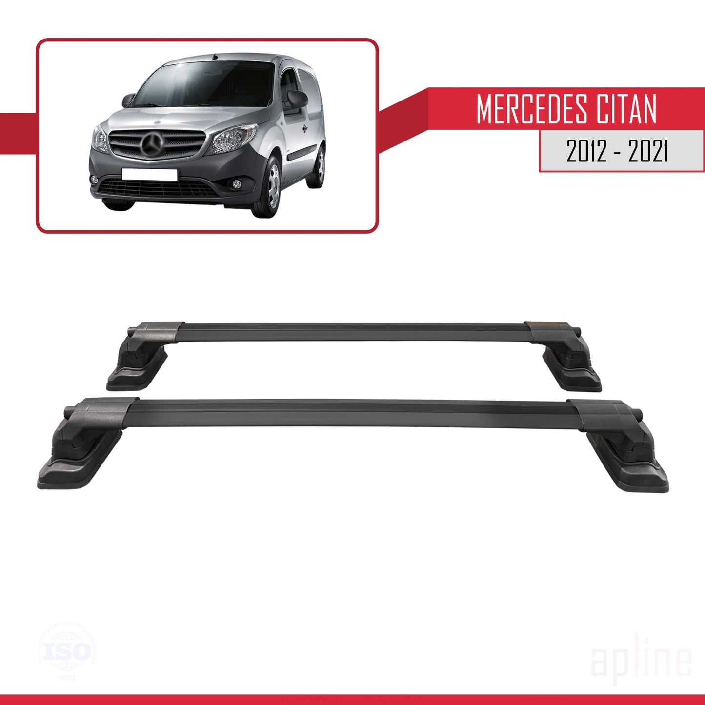 Compatible avec Mercedes Benz Citan 2012-2021 ACE-3 Barres de Toit Railing Porte-Bagages de Voiture Noir Aluminium 2 Barres