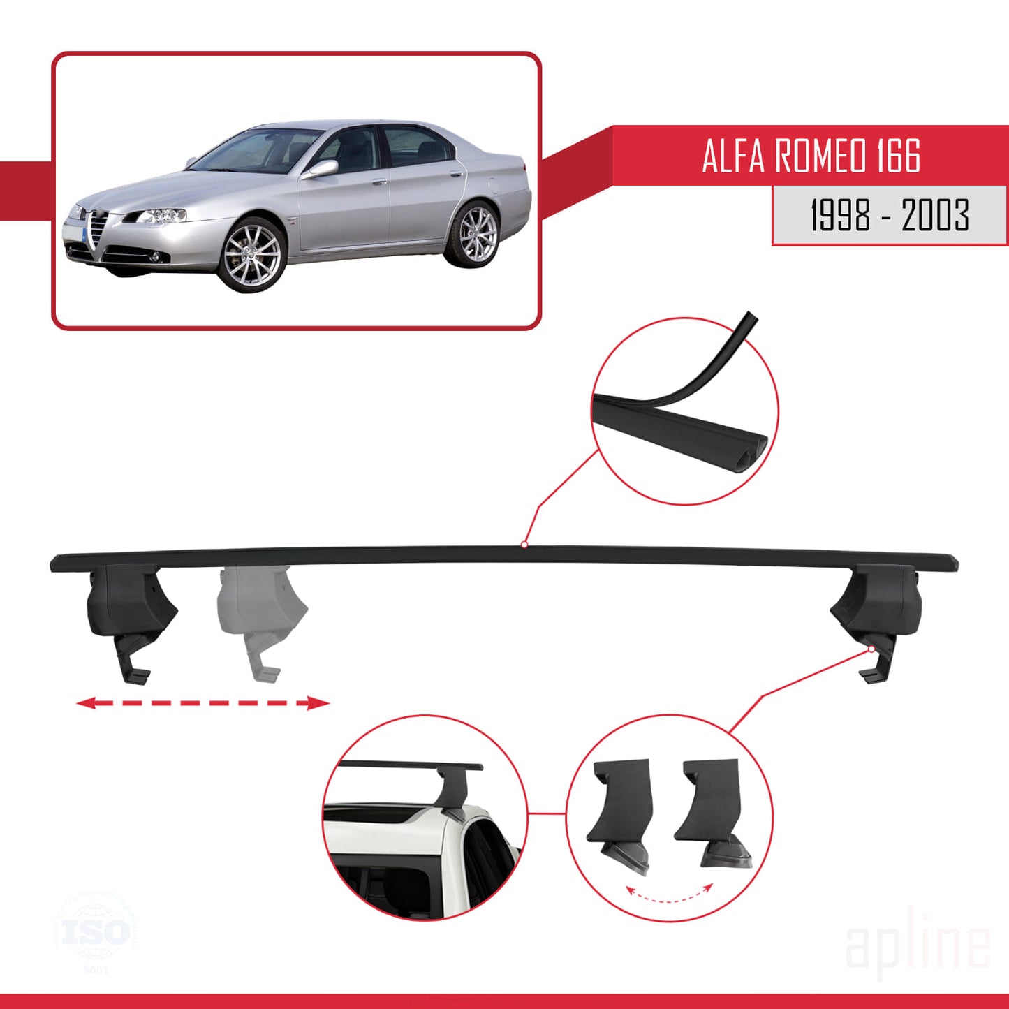 Compatible avec Alfa Romeo 166 (T936) Pre-Facelift 1998-2003 ACE-4 Barres de Toit Railing Porte-Bagages de Voiture Noir Aluminium 2 Barres