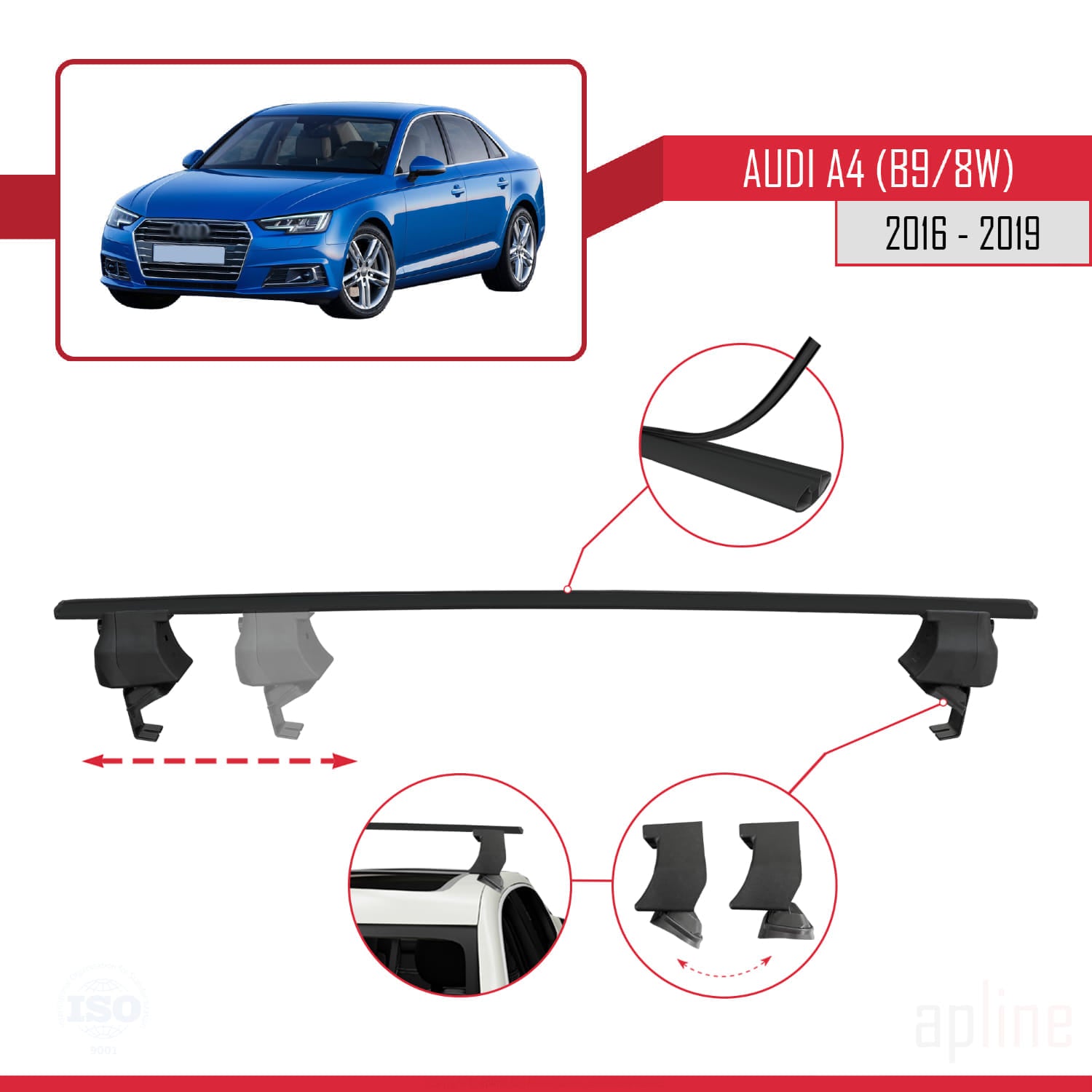 Compatible avec A4 (B9) Pre-Facelift 2016-2019 ACE-4 Barres de Toit Railing Porte-Bagages de Voiture Noir Aluminium 2 Barres