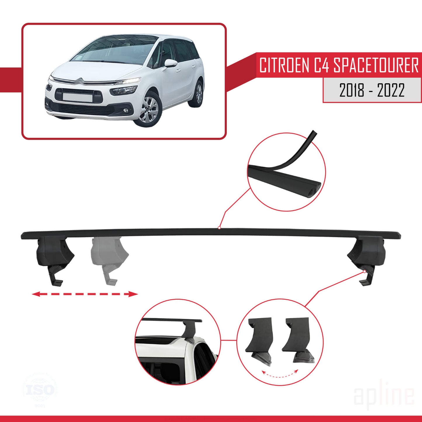 Compatible with Citroen C4 Spacetourer 2018-2022 ACE-4 Car Roof Rack Cross Bar Black Aluminium 2 Bars
