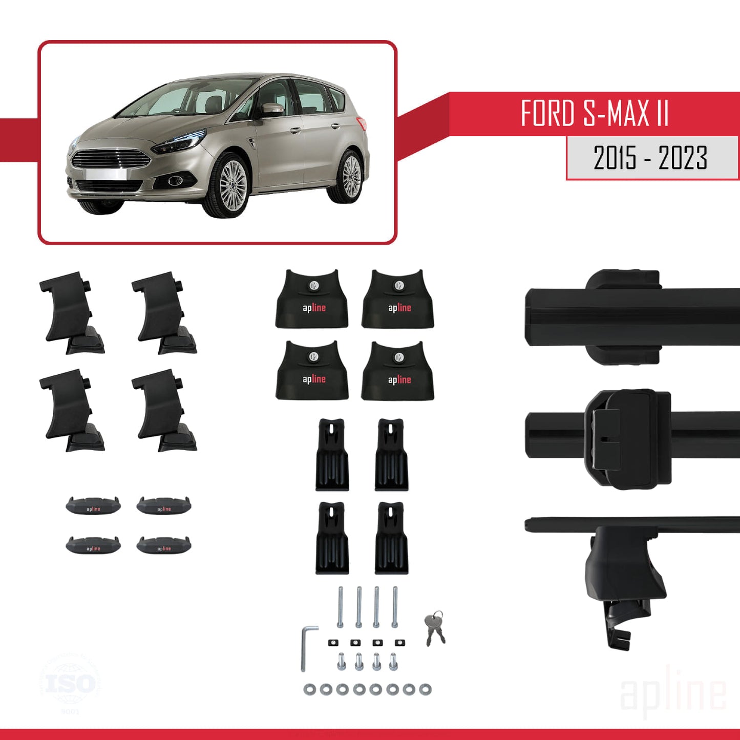 Compatible with Ford S-Max 2 (CD539) 2015-2023 ACE-4 Car Roof Rack Cross Bar Black Aluminium 2 Bars