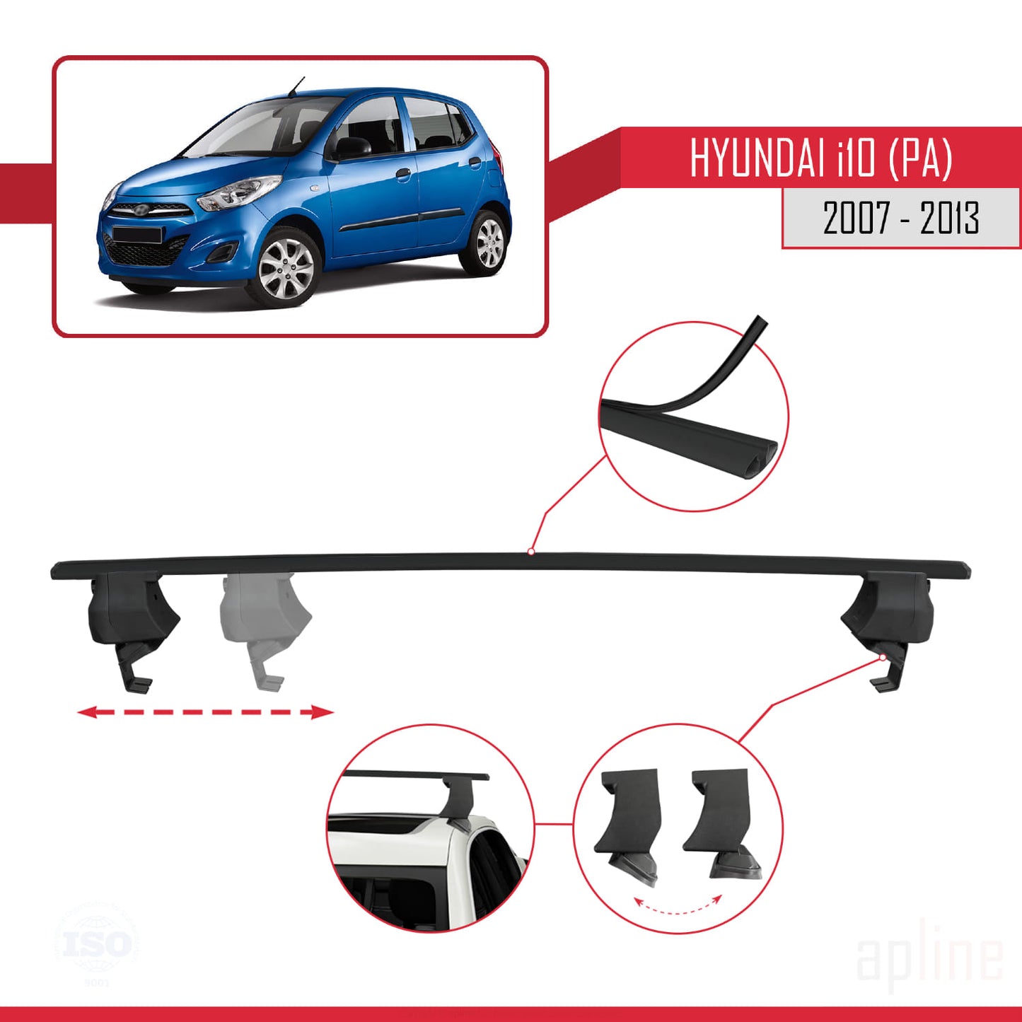 Compatible avec Hyundai i10 (PA) 2007-2013 ACE-4 Barres de Toit Railing Porte-Bagages de Voiture Noir Aluminium 2 Barres