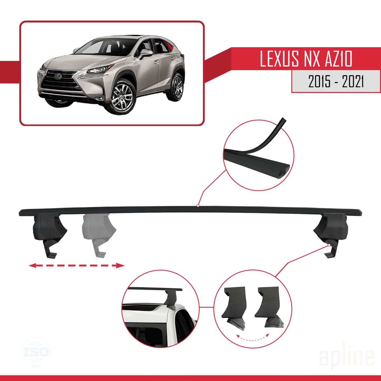 Compatible with Lexus NX (AZ10) 2015-2021 ACE-4 Car Roof Rack Cross Bar Black Aluminium 2 Bars