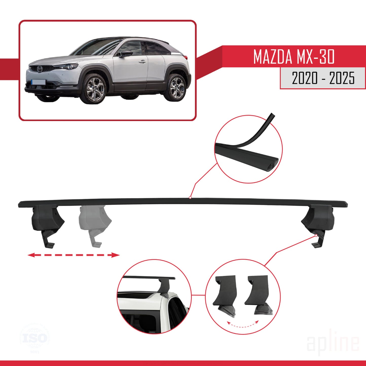 Compatible avec Mazda MX-30 (DR) 2020-2025 ACE-4 Barres de Toit Railing Porte-Bagages de Voiture Noir Aluminium 2 Barres