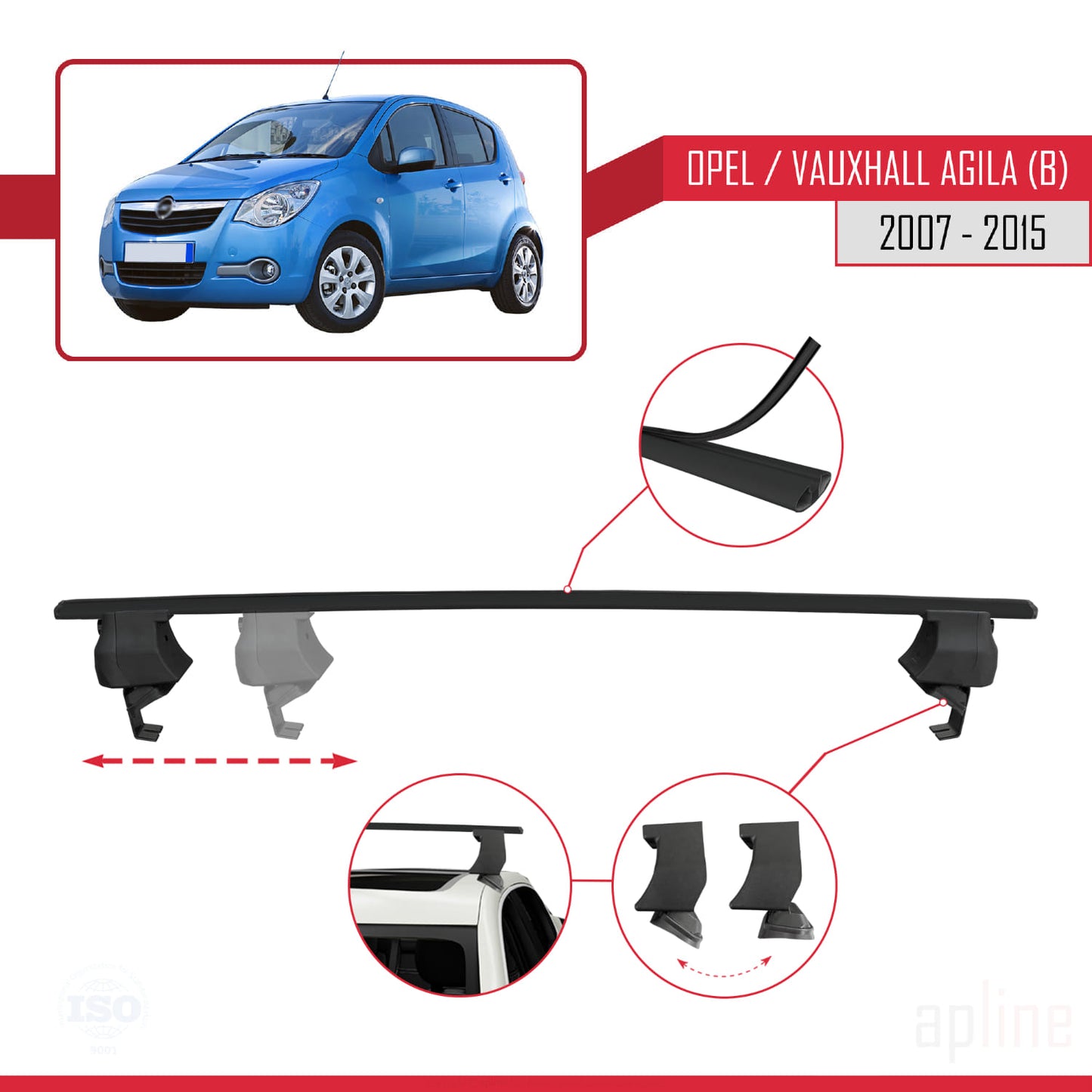Compatible with Opel/Vauxhall Agila (B) 2007-2015 ACE-4 Car Roof Rack Cross Bar Black Aluminium 2 Bars