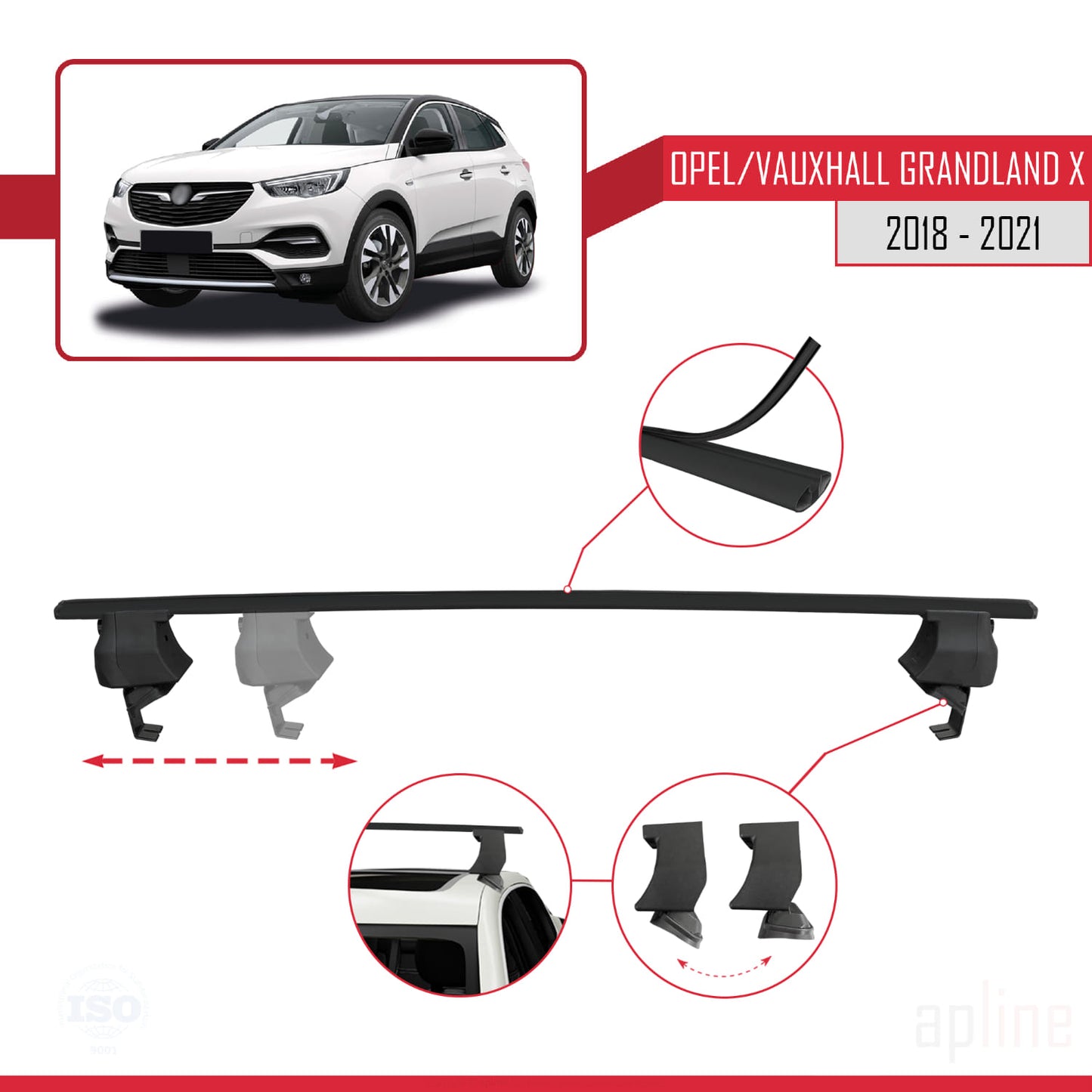 Compatible avec Opel Grandland X 2018-2021 ACE-4 Barres de Toit Railing Porte-Bagages de Voiture Noir Aluminium 2 Barres