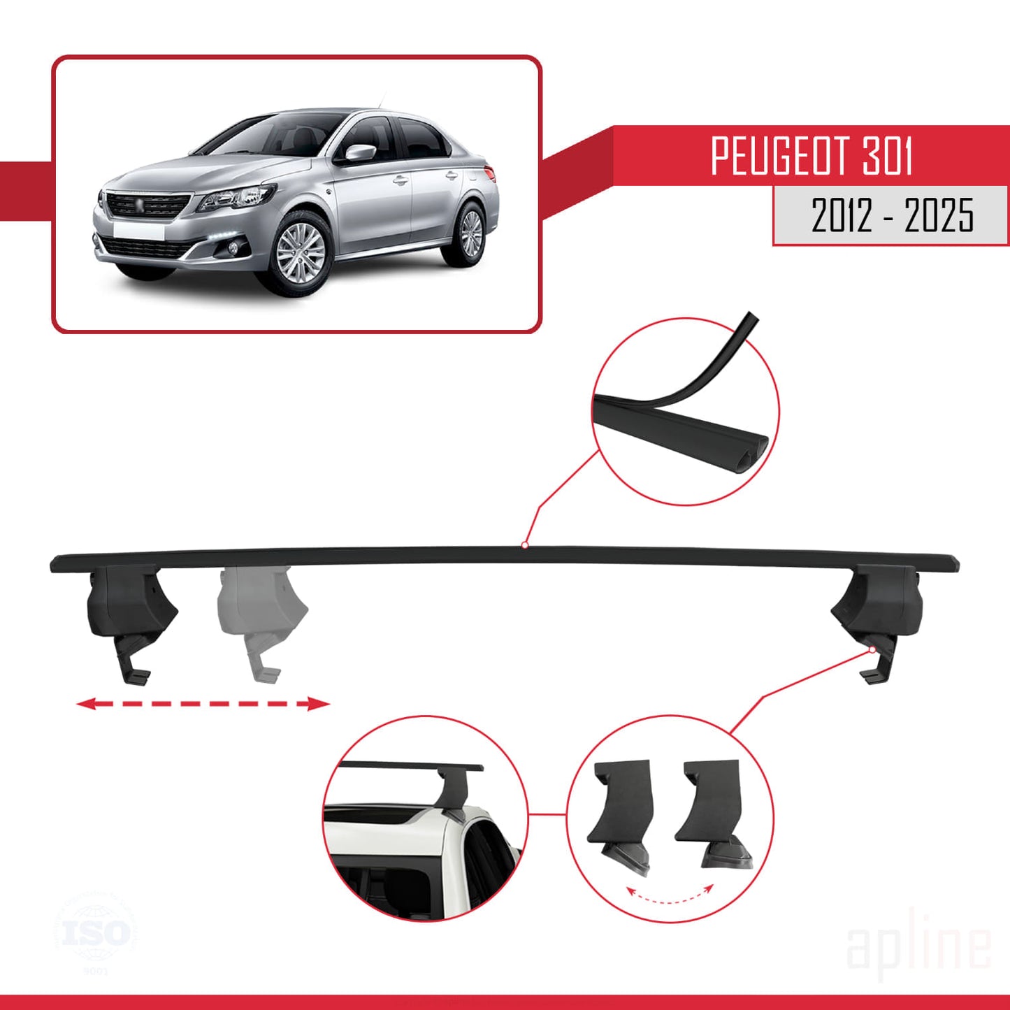 Compatible with Peugeot 301 2012-2025 ACE-4 Car Roof Rack Cross Bar Black Aluminium 2 Bars