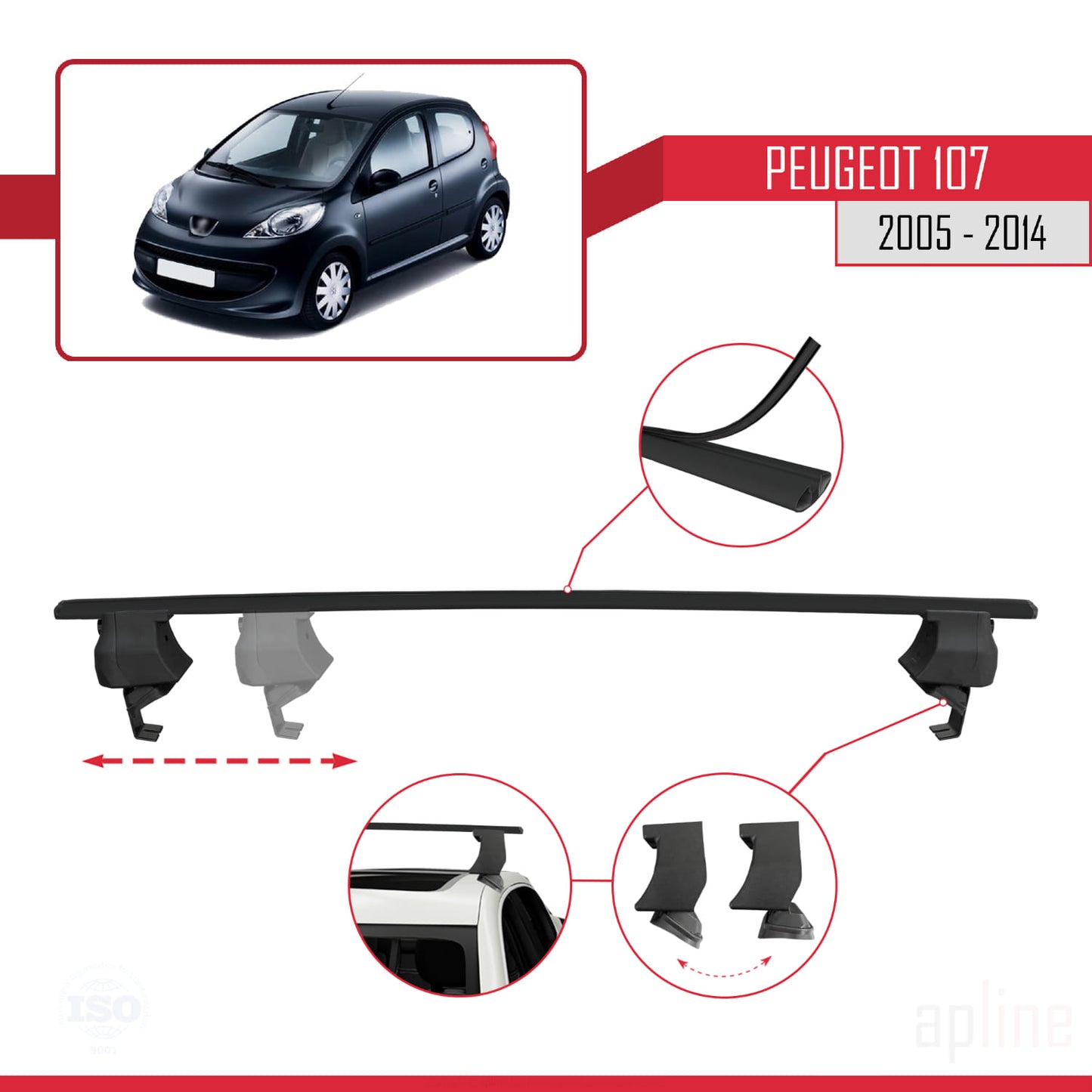Compatible with Peugeot 107 2005-2014 ACE-4 Car Roof Rack Cross Bar Black Aluminium 2 Bars