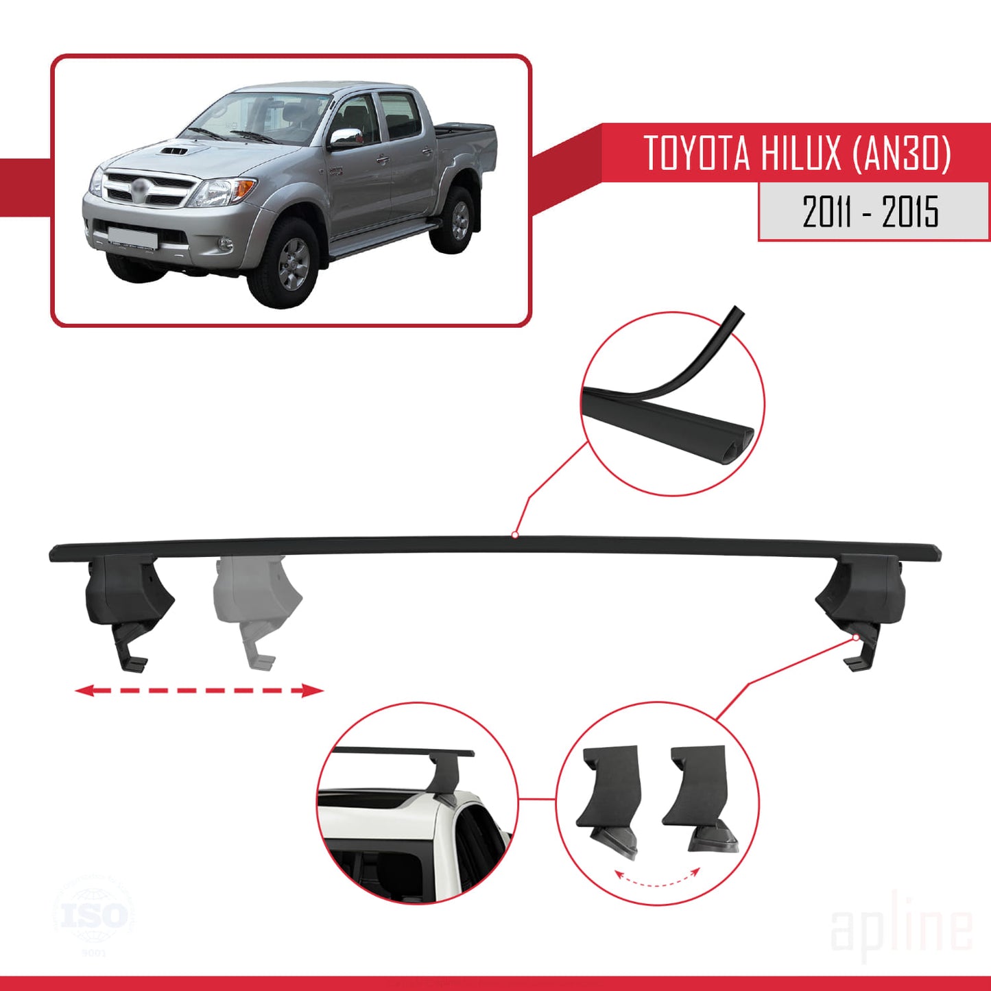 Compatible with Toyota Hilux 7 (AN30) Post-Facelift 2011-2015 ACE-4 Car Roof Rack Cross Bar Black Aluminium 2 Bars