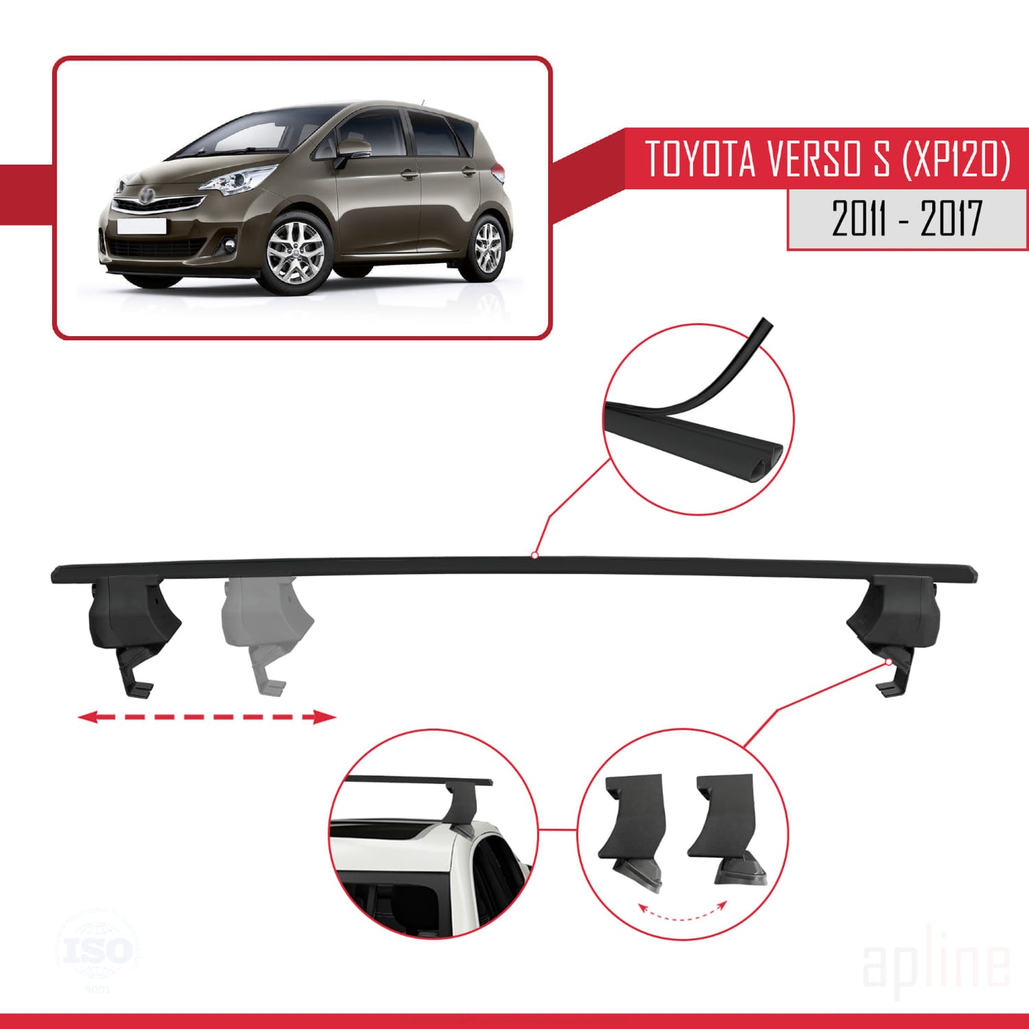 Compatible avec Toyota Verso S (XP120) 2011-2017 ACE-4 Barres de Toit Railing Porte-Bagages de Voiture Noir Aluminium 2 Barres