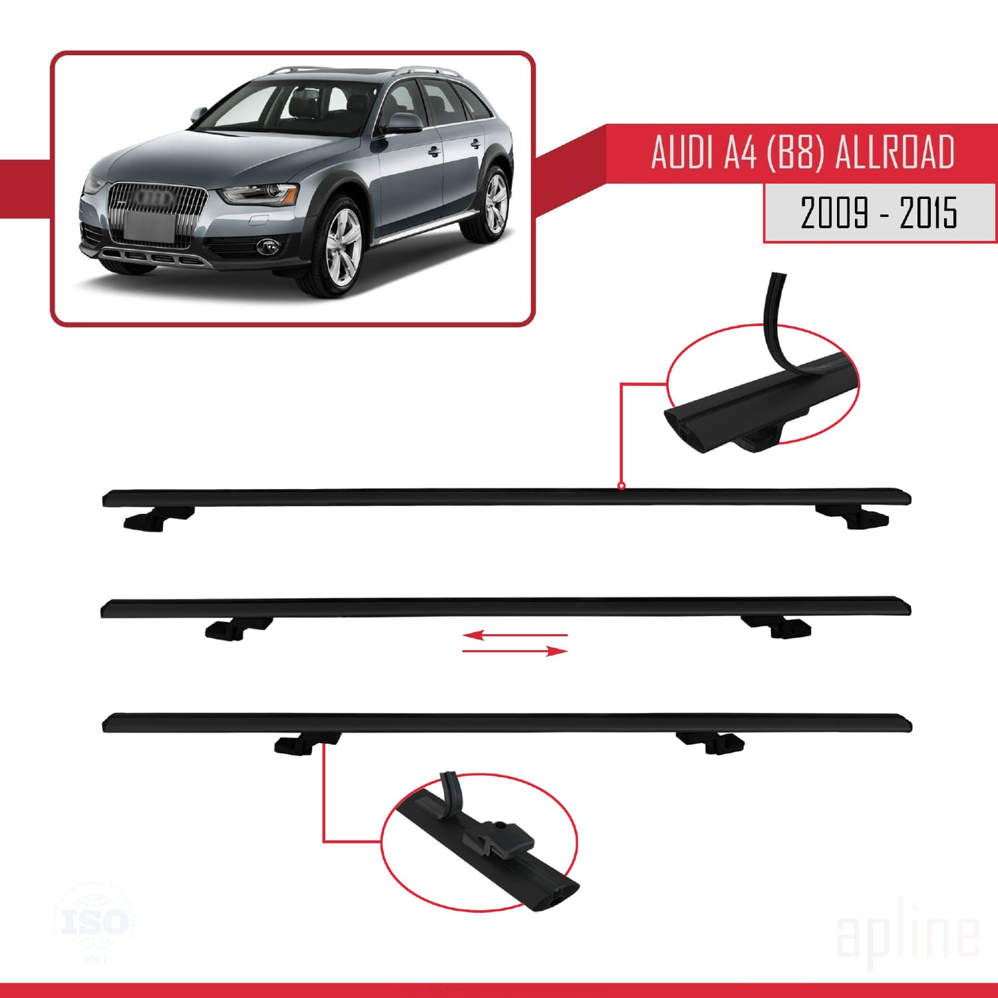 Compatible avec A4 (B8) Allroad 2009-2015 BASIC Model Barres de Toit Railing Porte-Bagages de Voiture Noir Aluminium 2 Barres