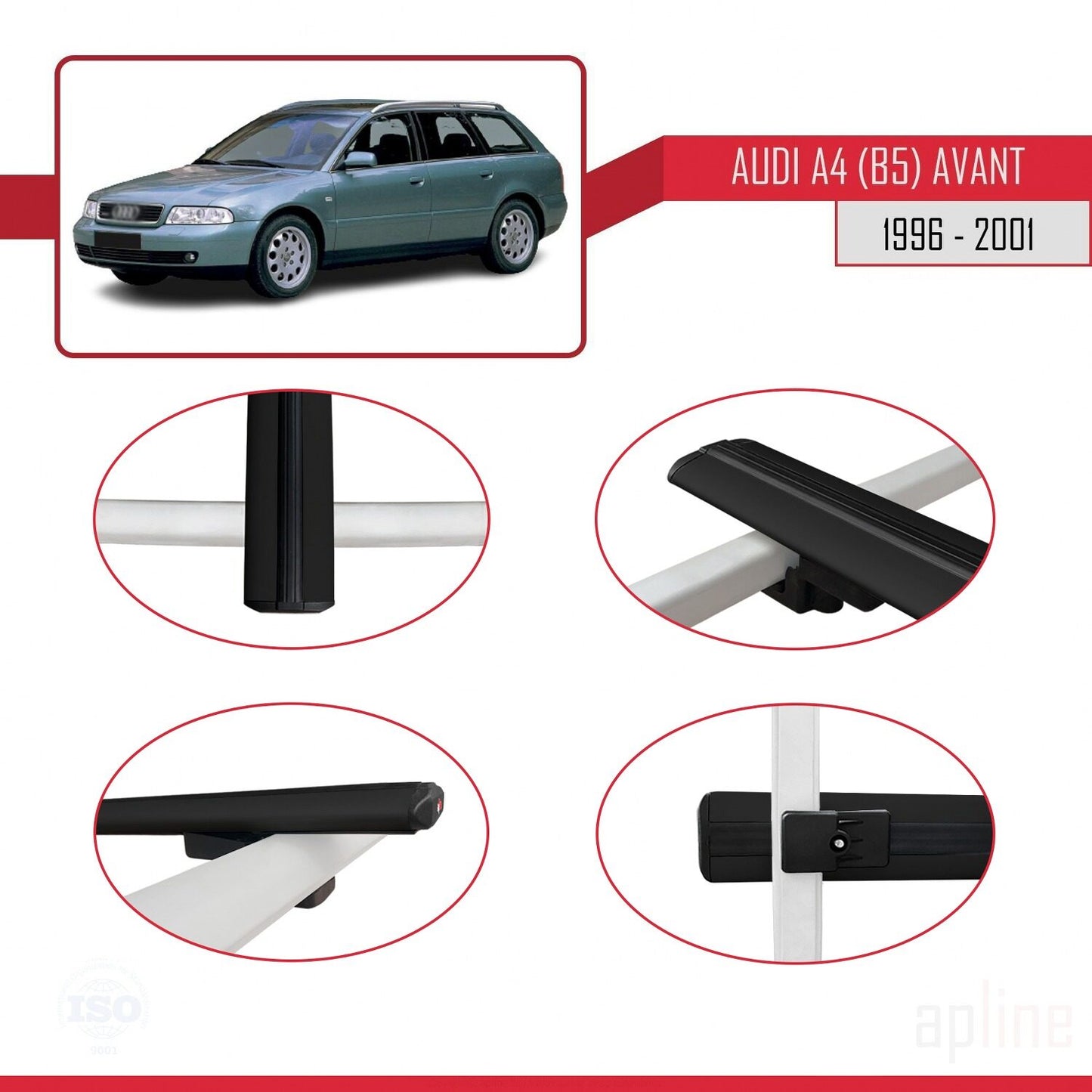 Compatible avec A4 (B5) Avant 1996-2001 BASIC Model Barres de Toit Railing Porte-Bagages de Voiture Noir Aluminium 2 Barres