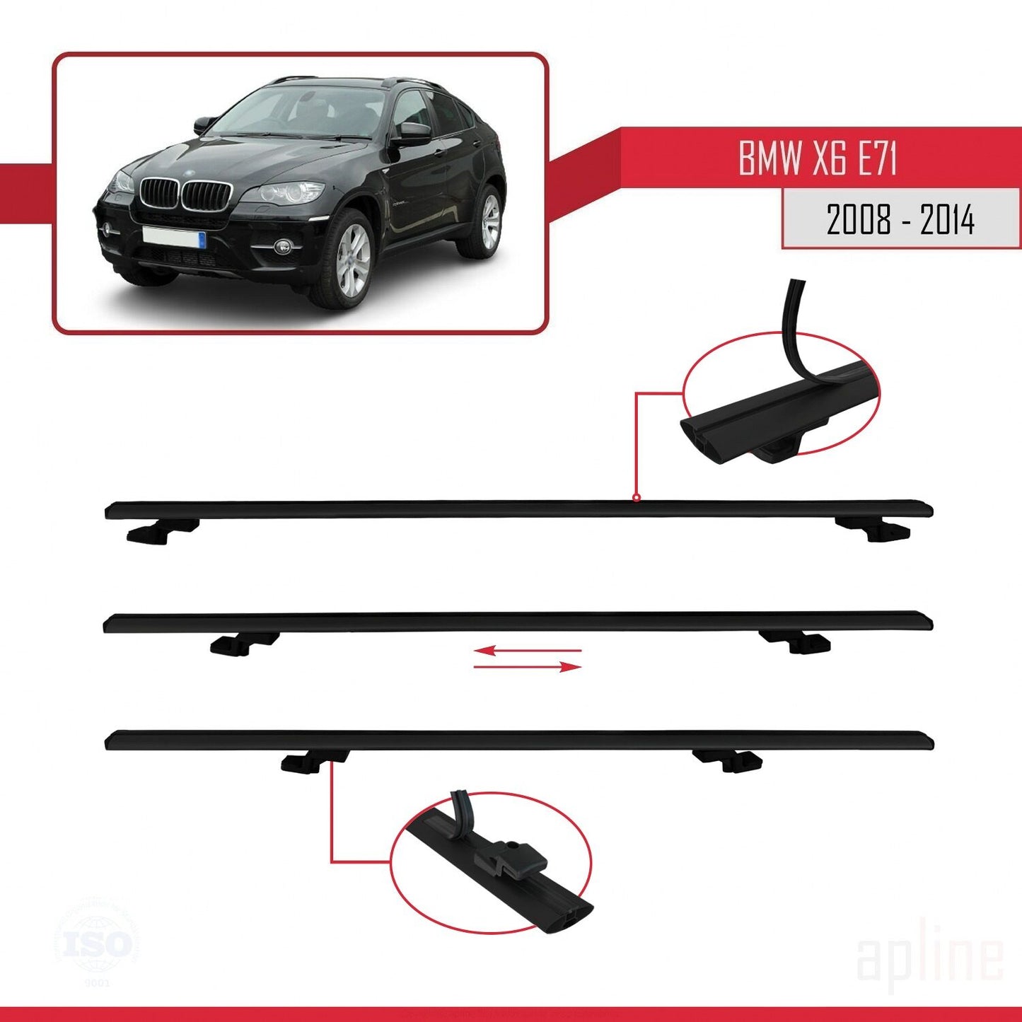 Compatible avec BMW X6 (E71) 2008-2014 BASIC Model Barres de Toit Railing Porte-Bagages de Voiture Noir Aluminium 2 Barres